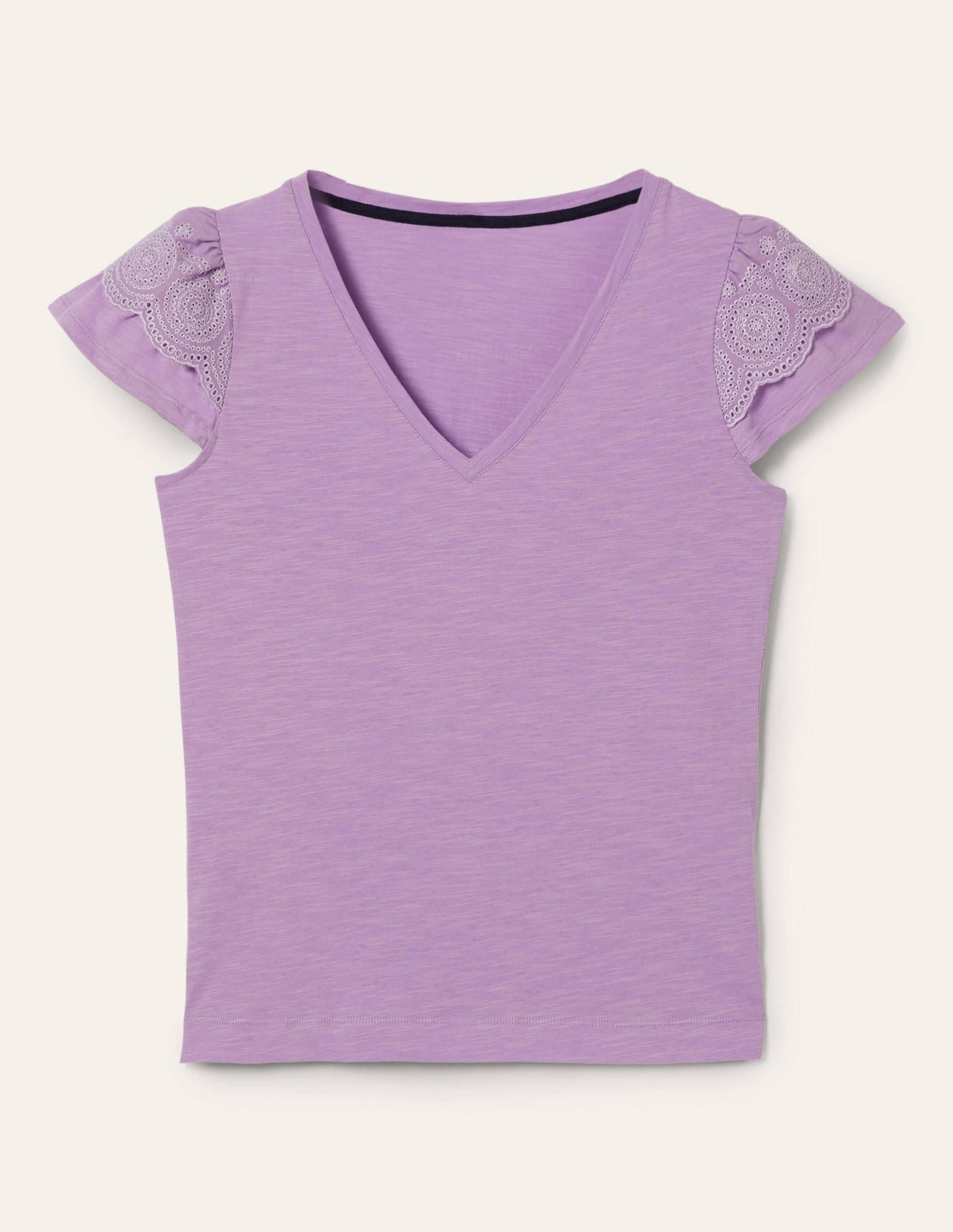 Broderie Cotton V-Neck T-Shirt-African Violet-6