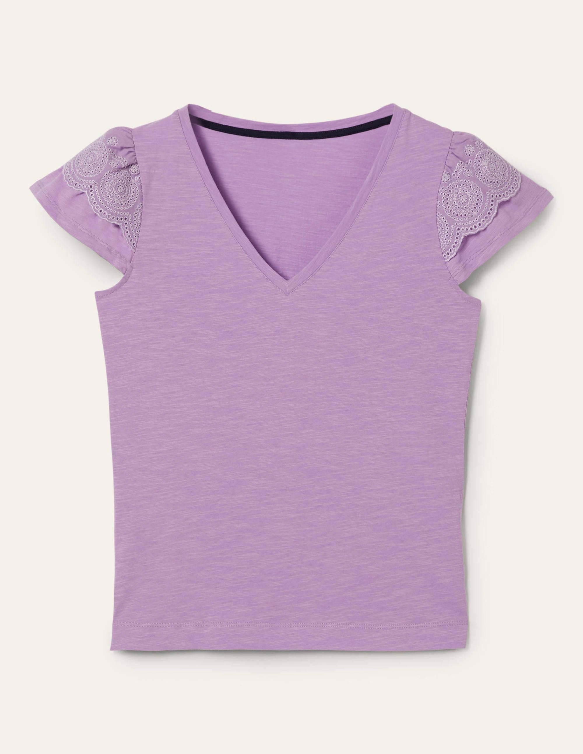 Broderie Cotton V-Neck T-Shirt-African Violet - Image 6