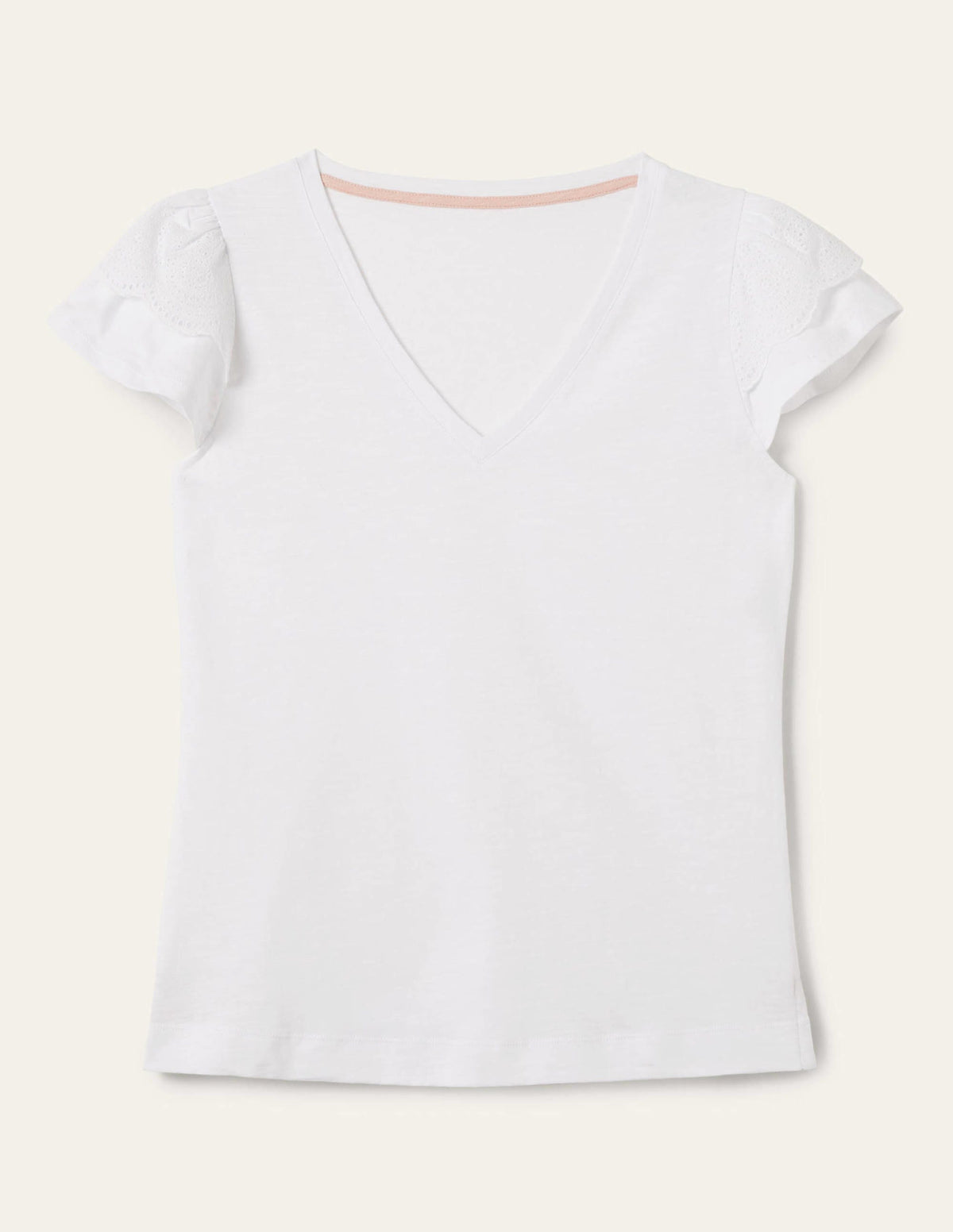 Broderie Cotton V-Neck T-Shirt-White - Image 6
