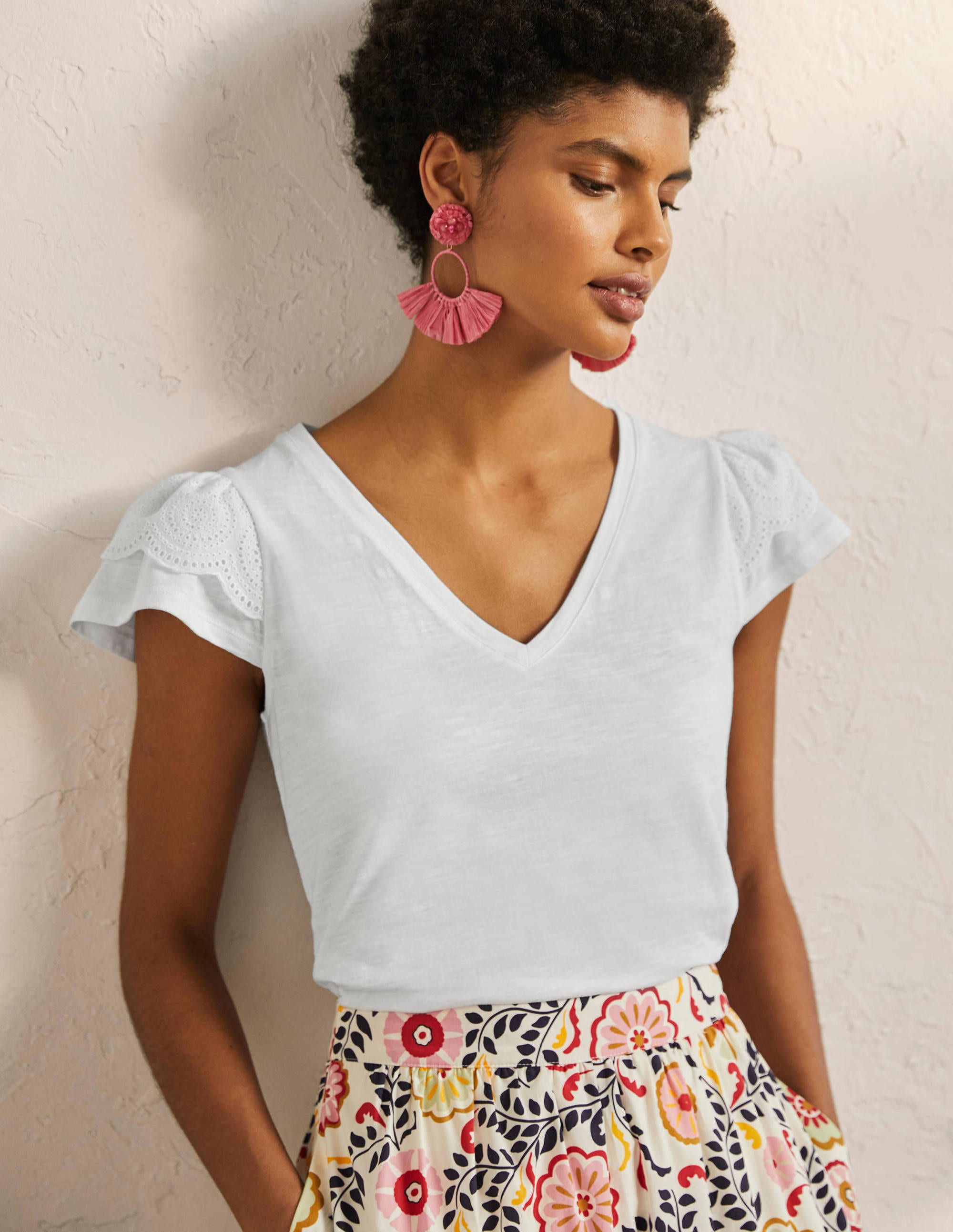 Broderie Cotton V-Neck T-Shirt-White - Image 1