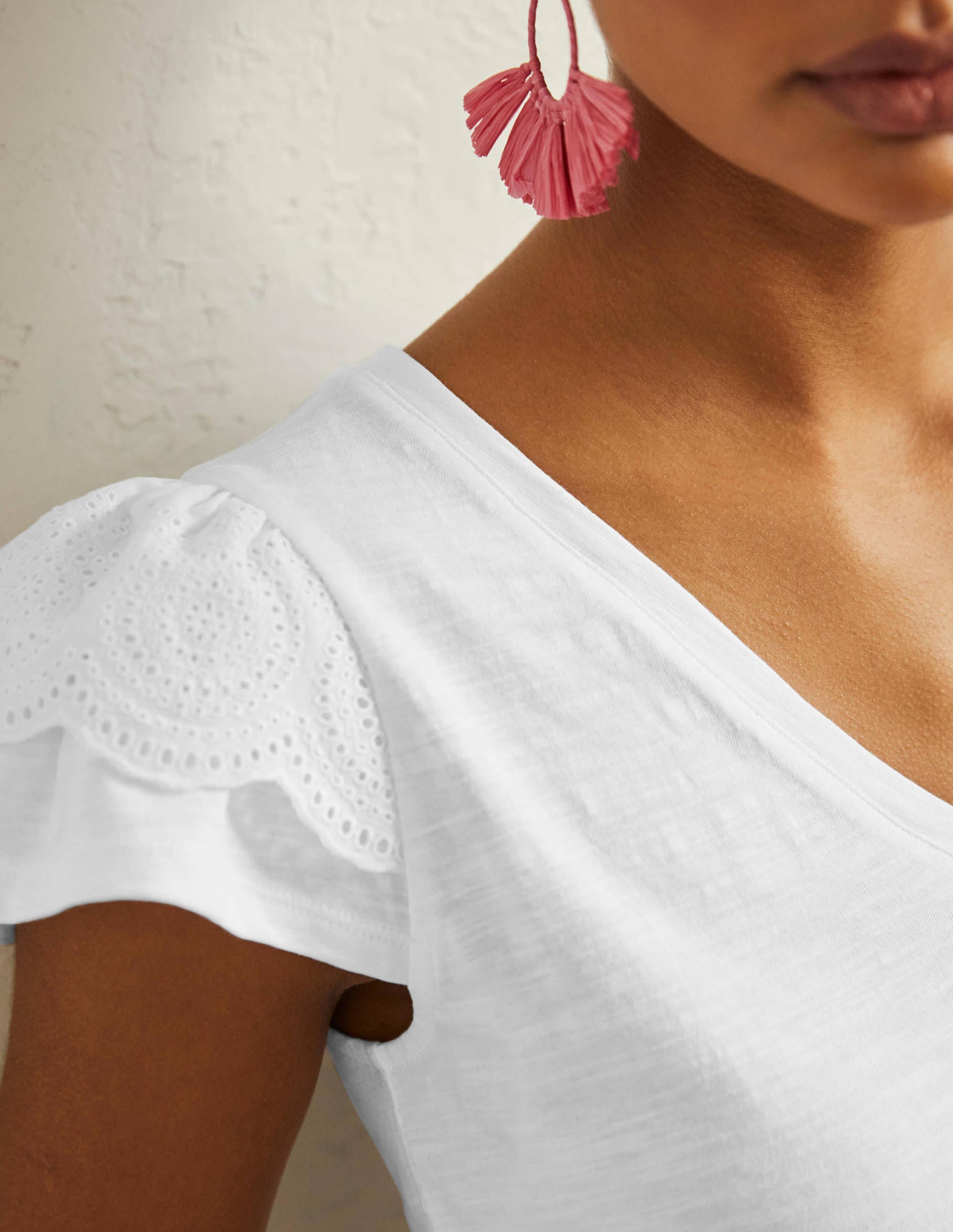 Broderie Cotton V-Neck T-Shirt-White - Image 2