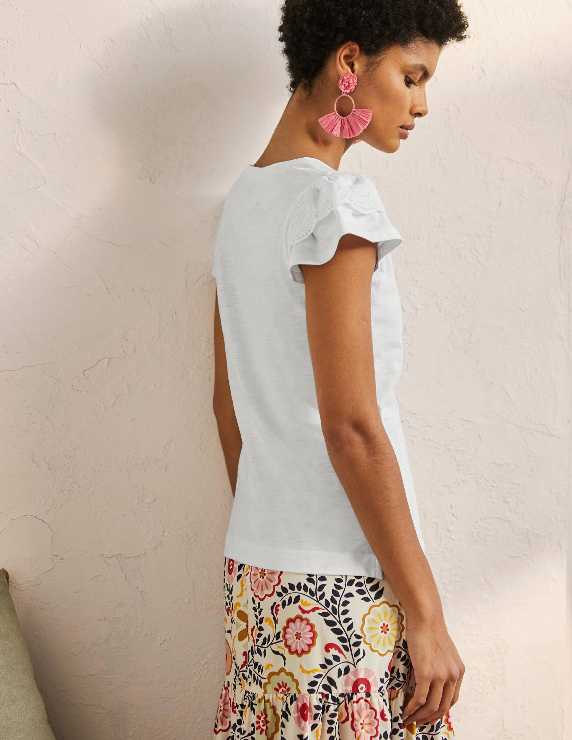 Broderie Cotton V-Neck T-Shirt-White - Image 3