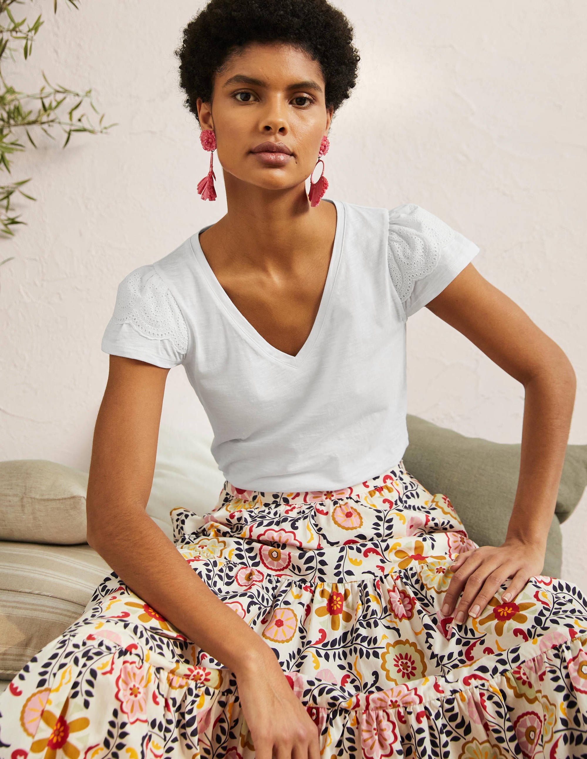 Broderie Cotton V-Neck T-Shirt-White - Image 4