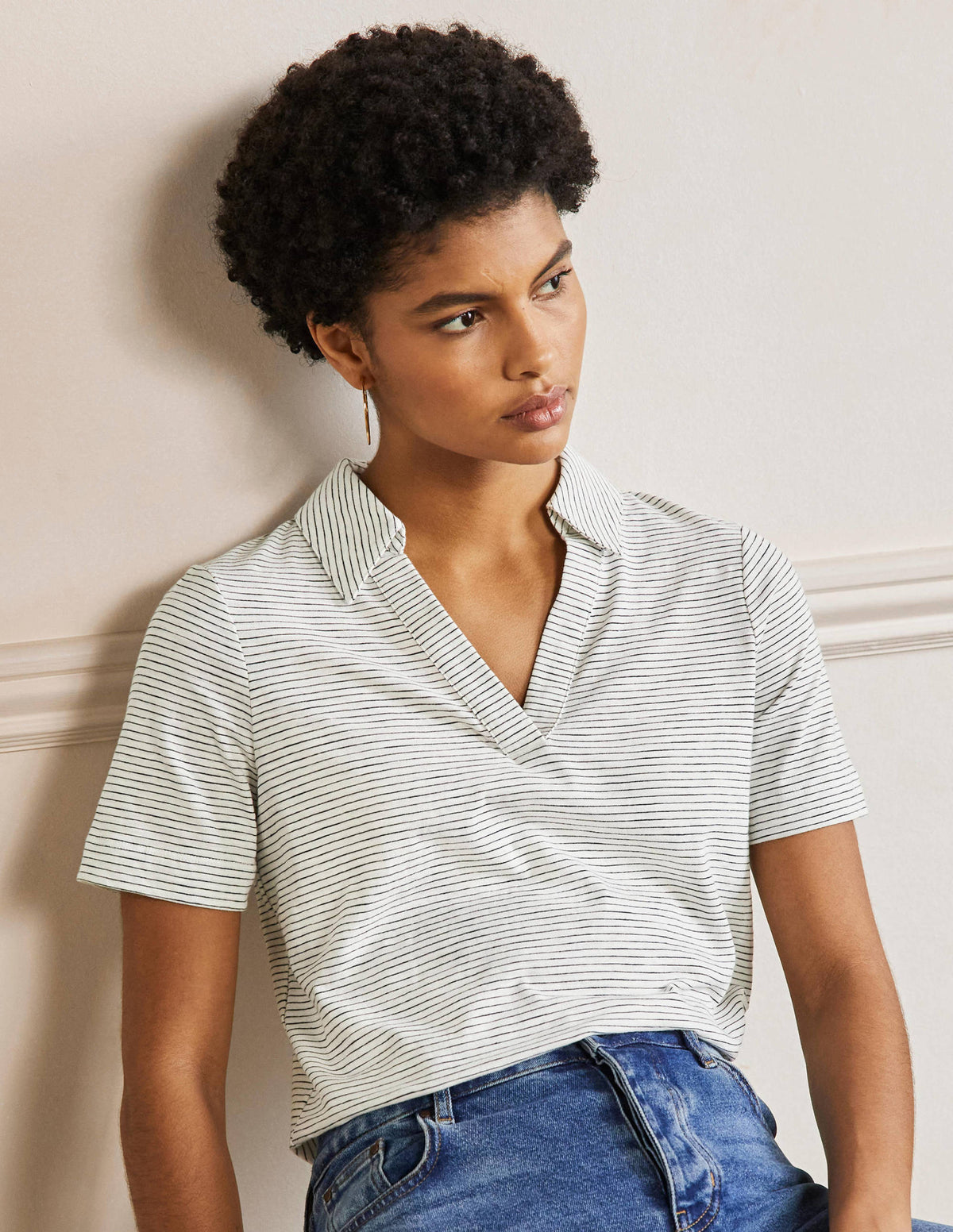Cotton Polo Top-Ivory / Navy Stripe - Image 1