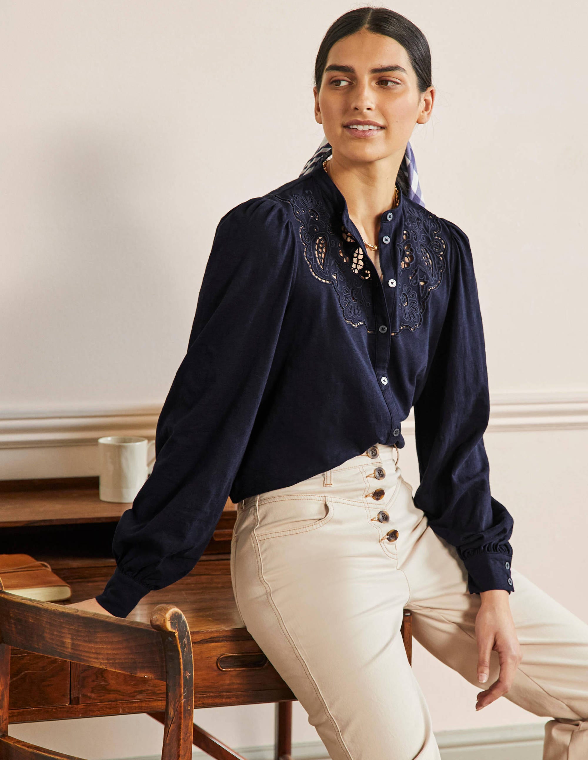 Cut Work Jersey Shirt-Navy - Image 1