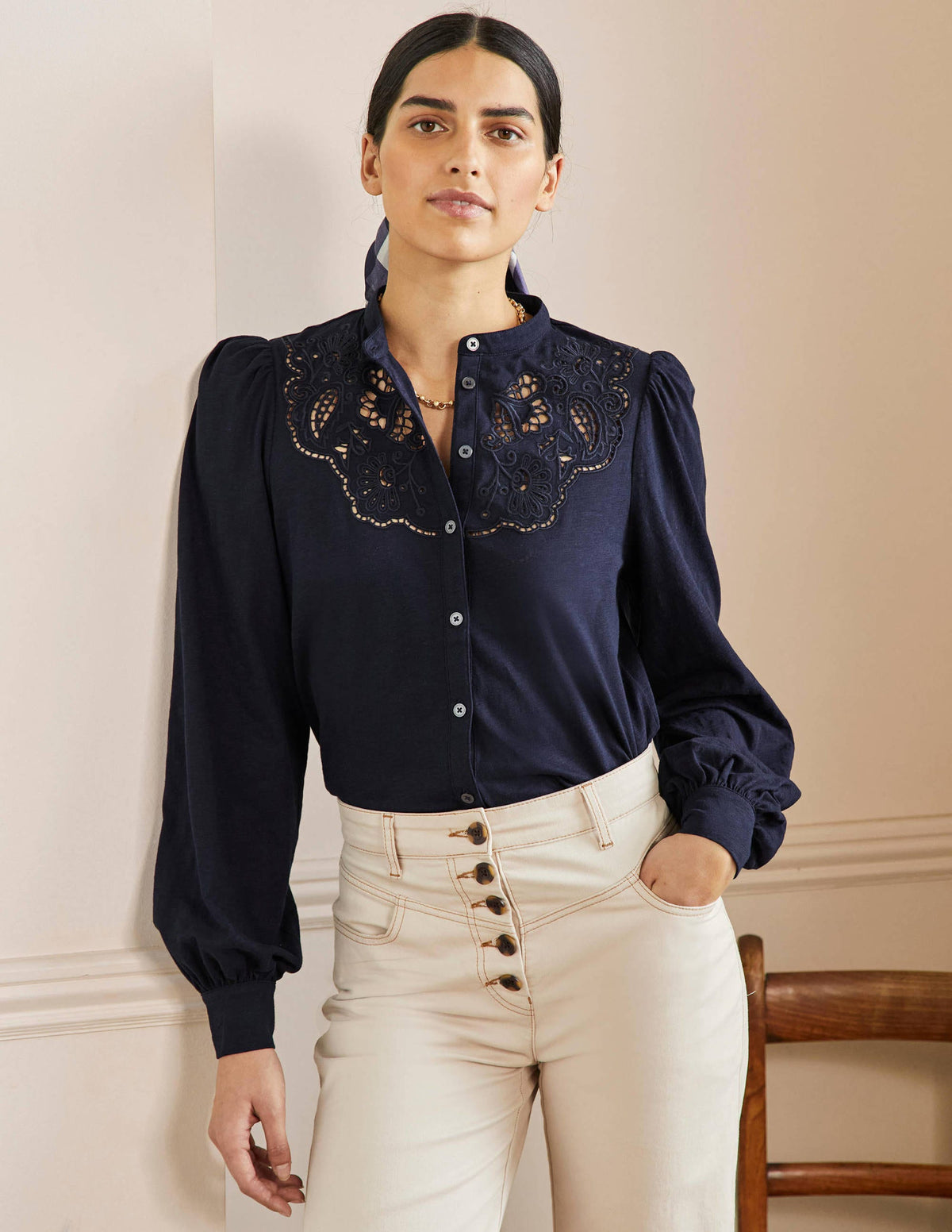 Cut Work Jersey Shirt-Navy - Image 4