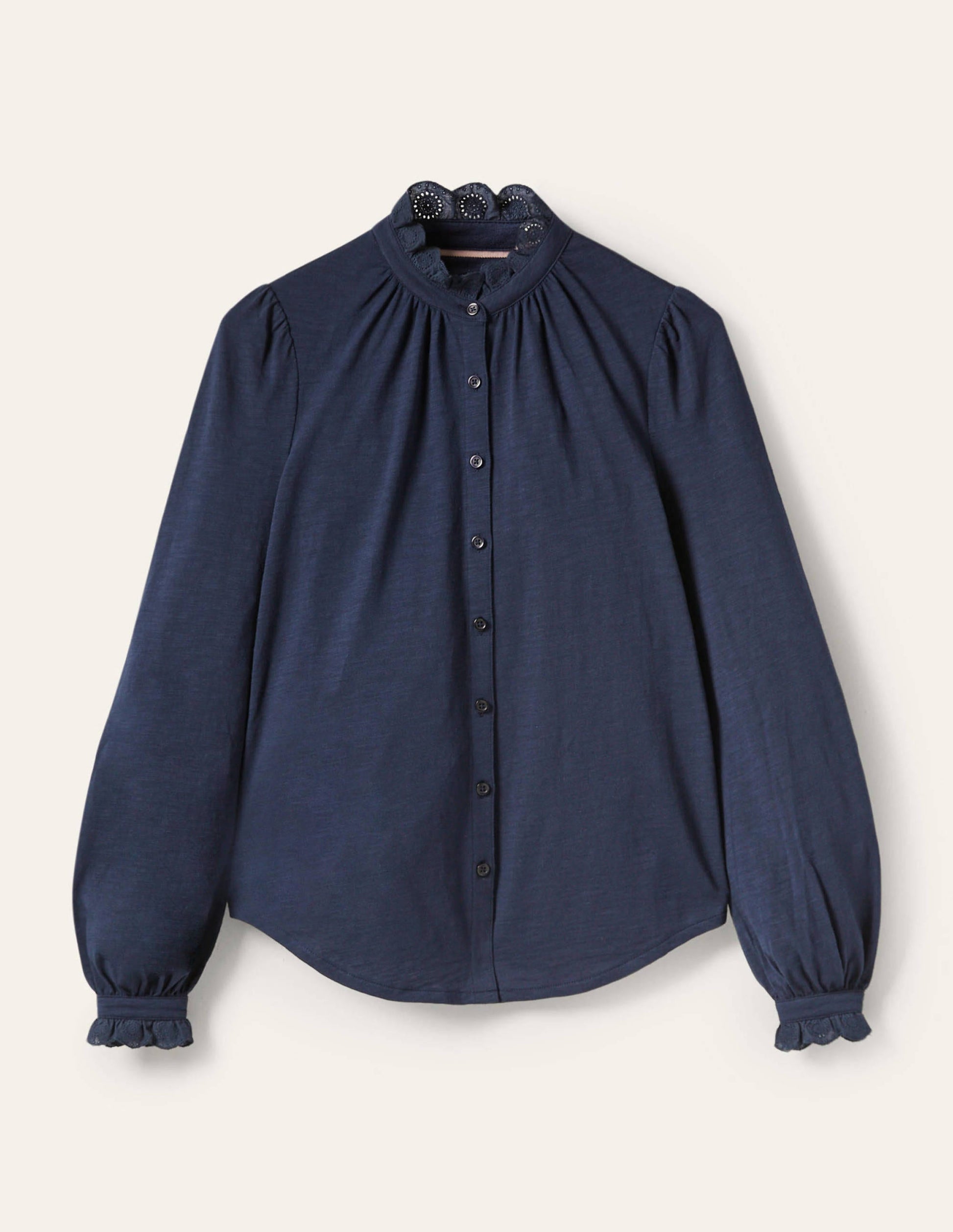 Broderie Trim Jersey Shirt-Navy-5