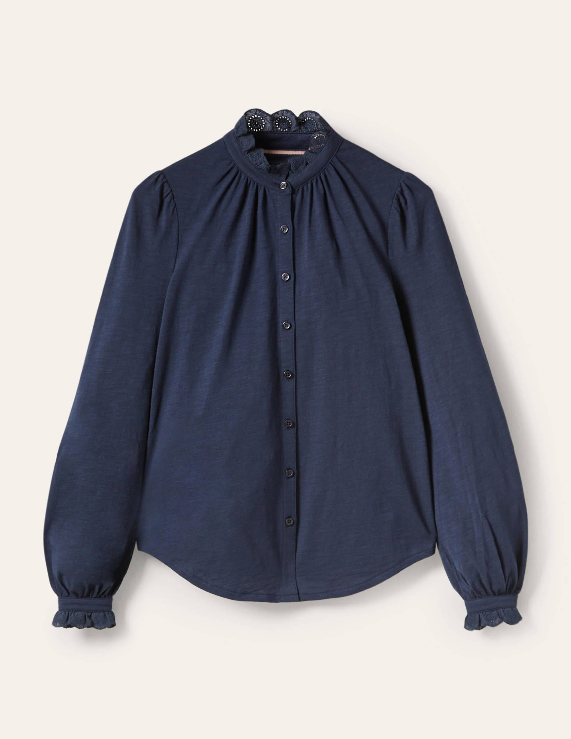 Broderie Trim Jersey Shirt-Navy - Image 5