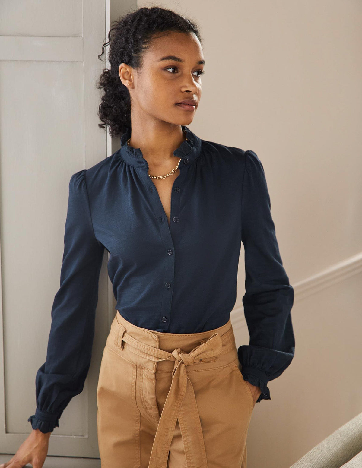 Broderie Trim Jersey Shirt-Navy-1