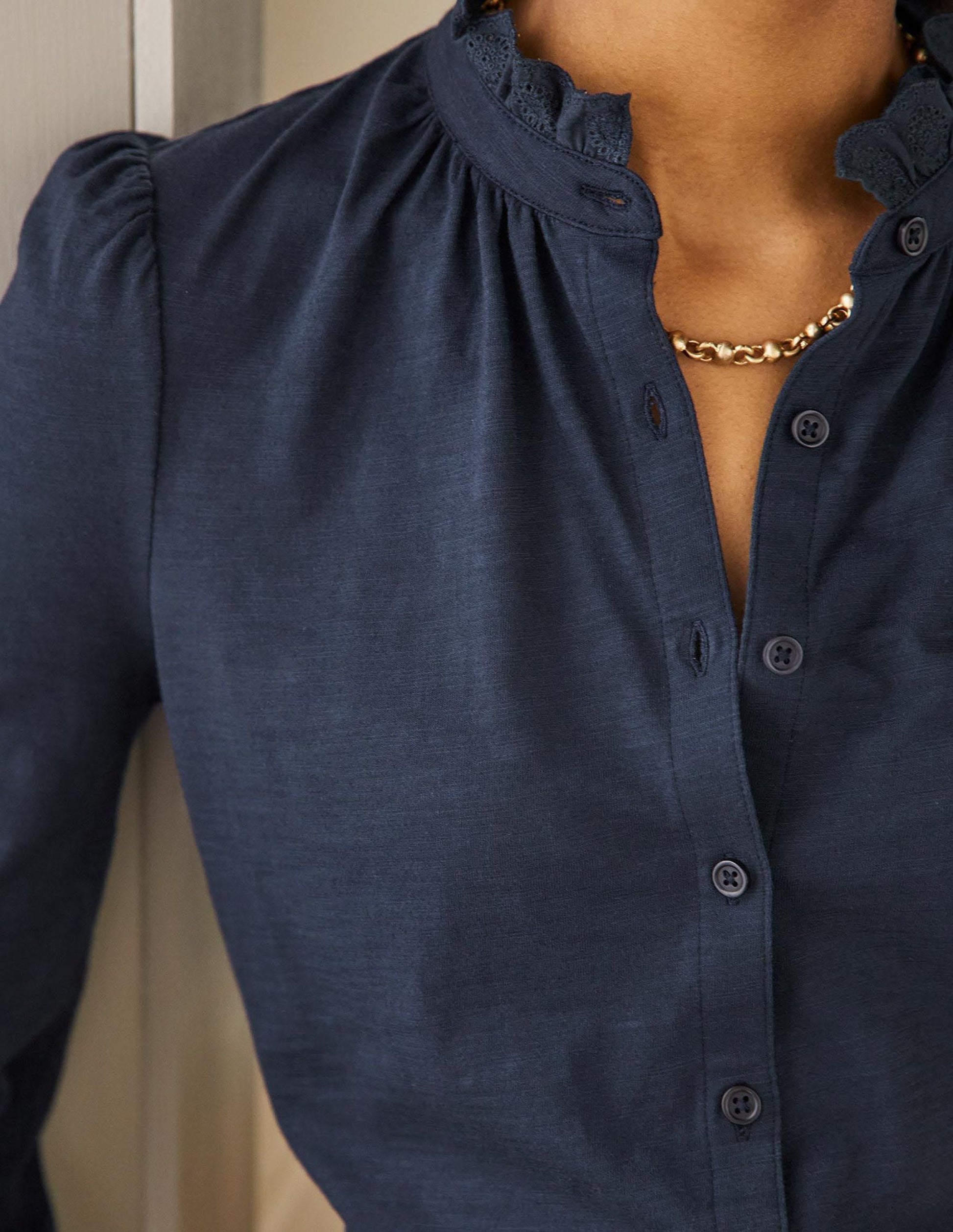 Broderie Trim Jersey Shirt-Navy-2