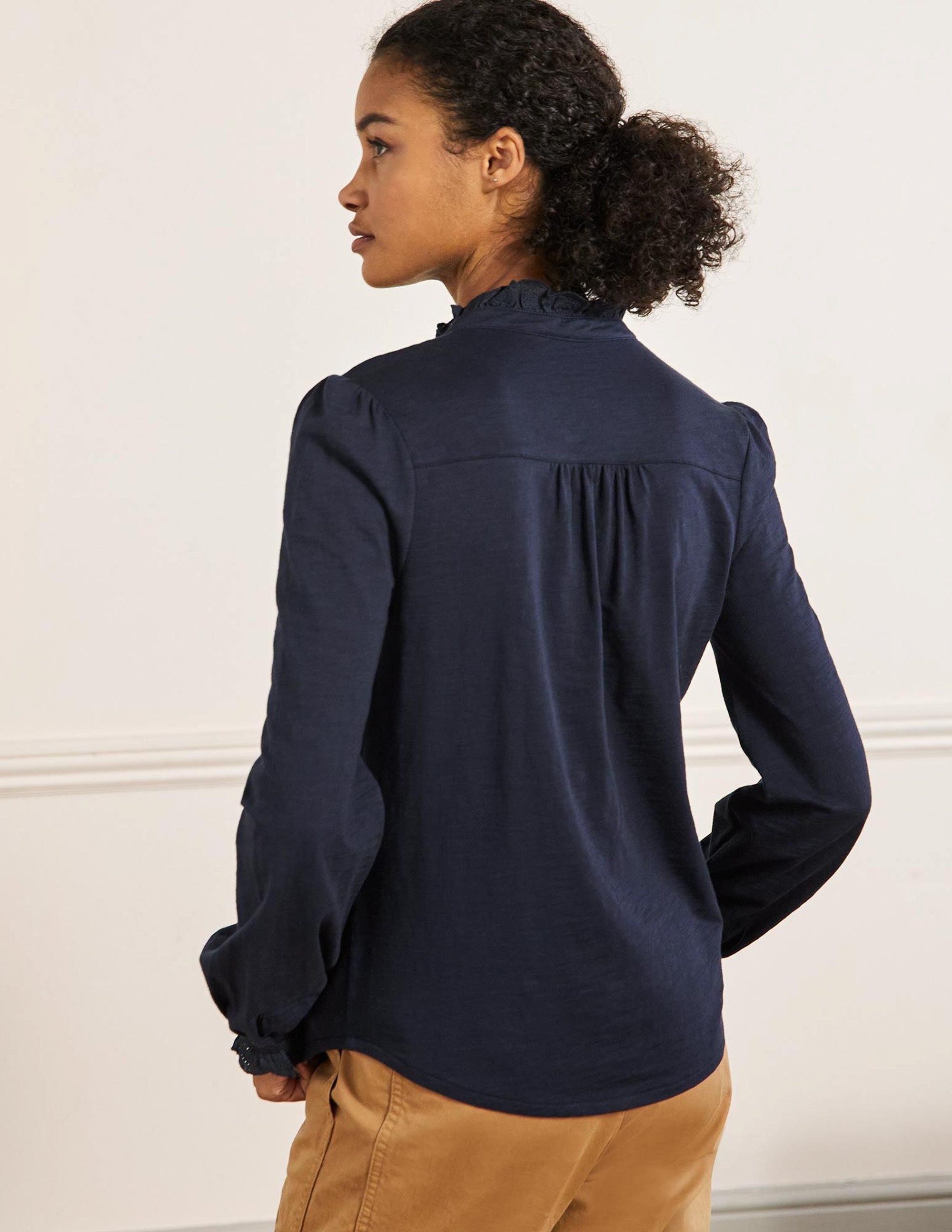 Broderie Trim Jersey Shirt-Navy - Image 3