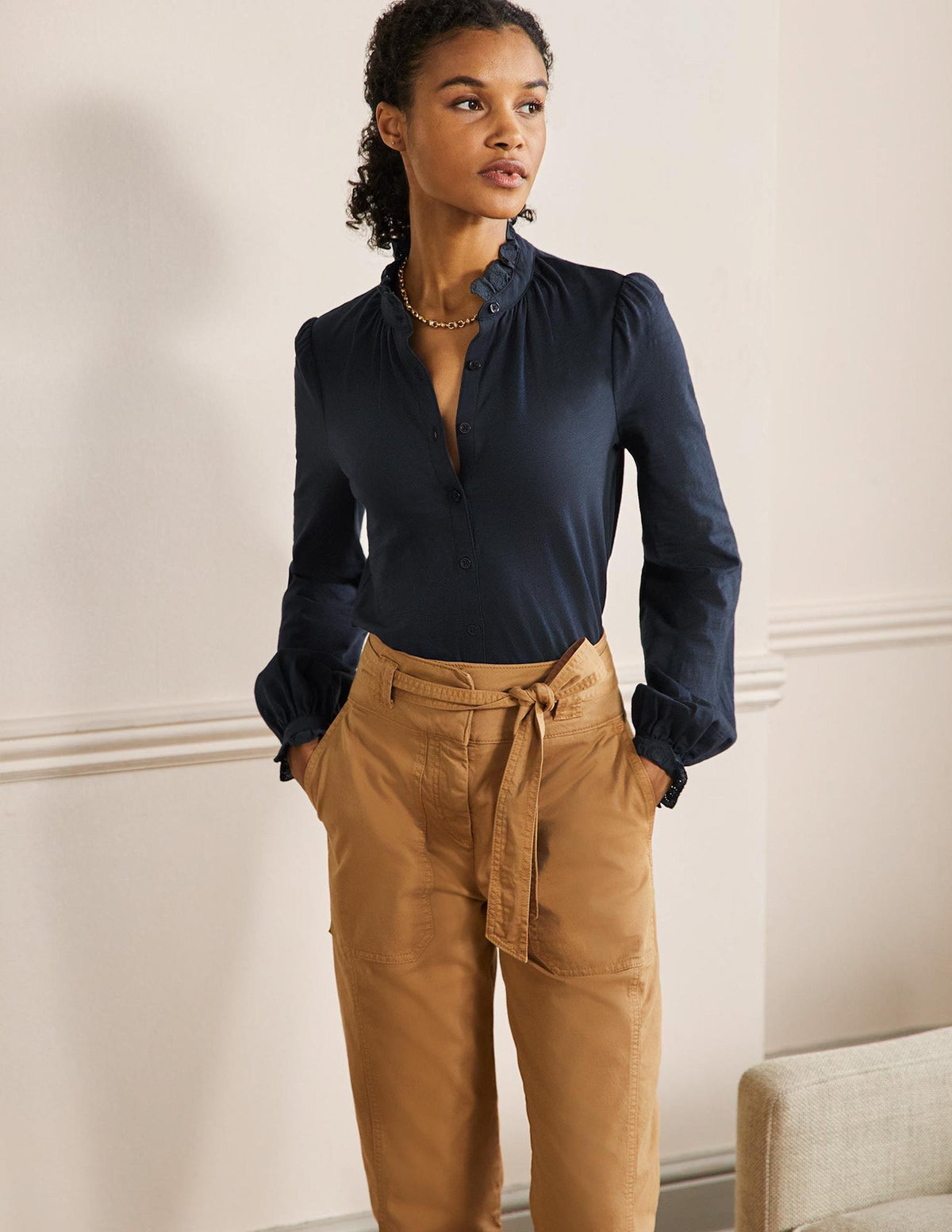 Broderie Trim Jersey Shirt-Navy - Image 4