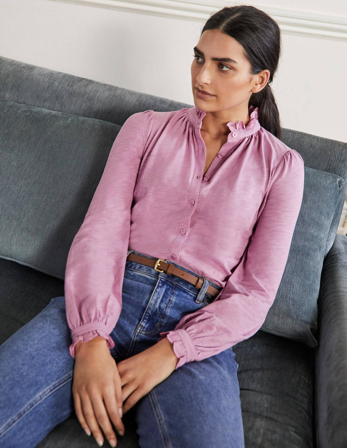 Broderie Trim Jersey Shirt-Orchid Haze - Image 4