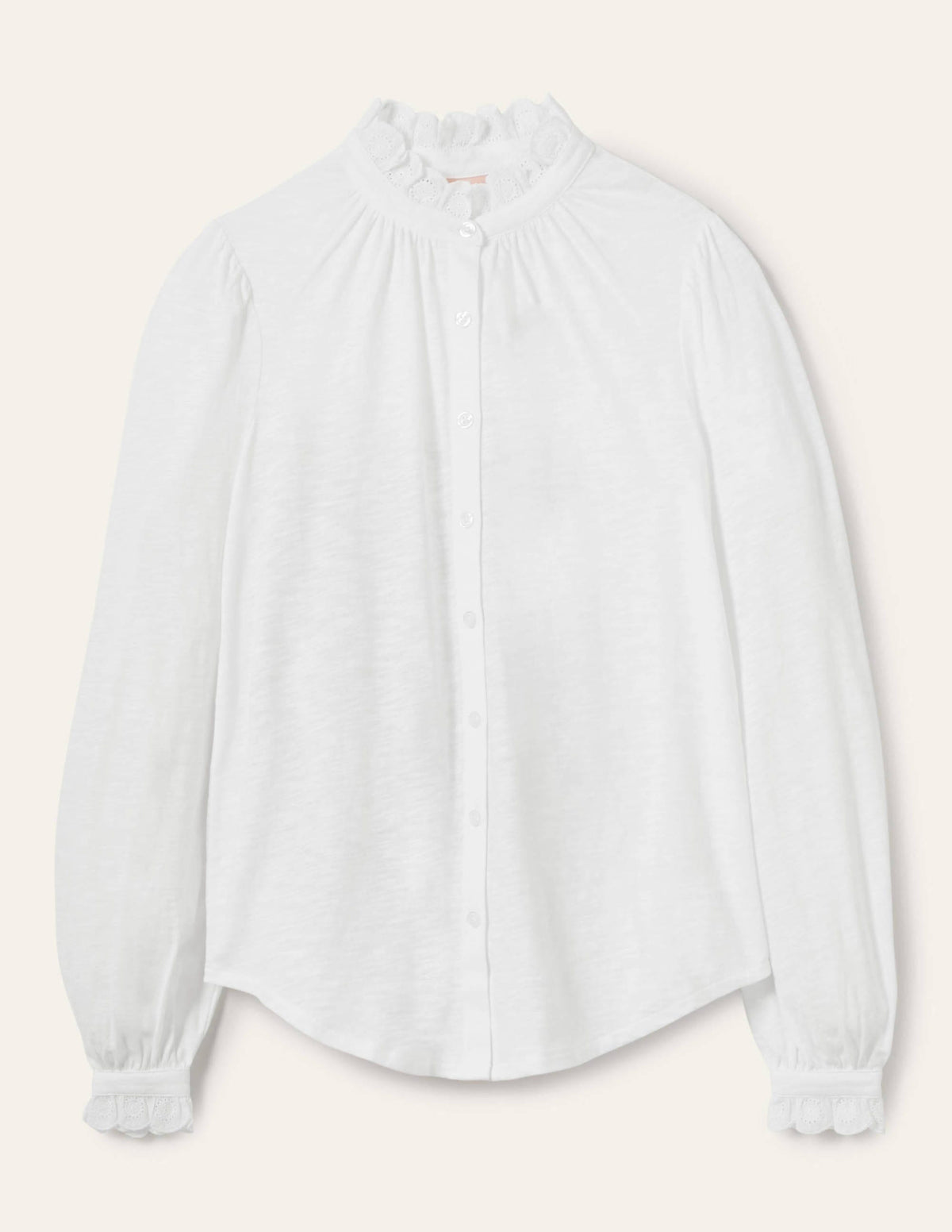 Broderie Trim Jersey Shirt-White-5