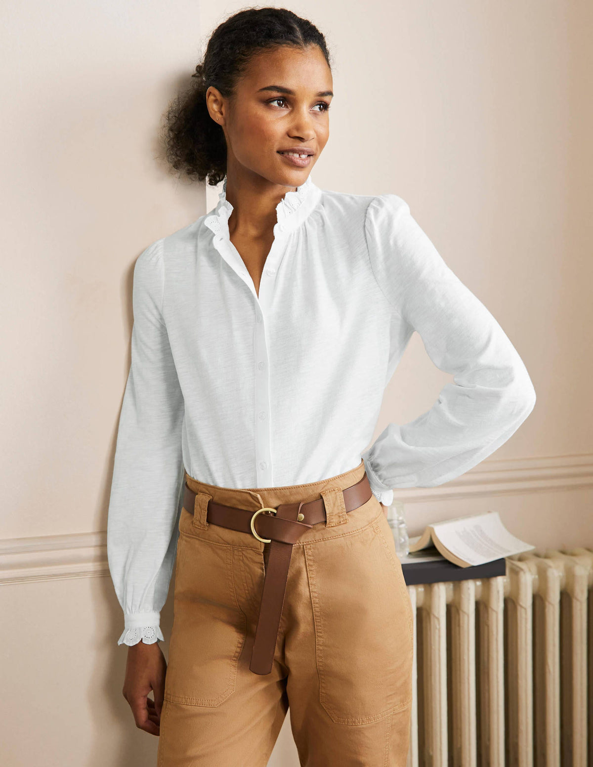 Broderie Trim Jersey Shirt-White - Image 1