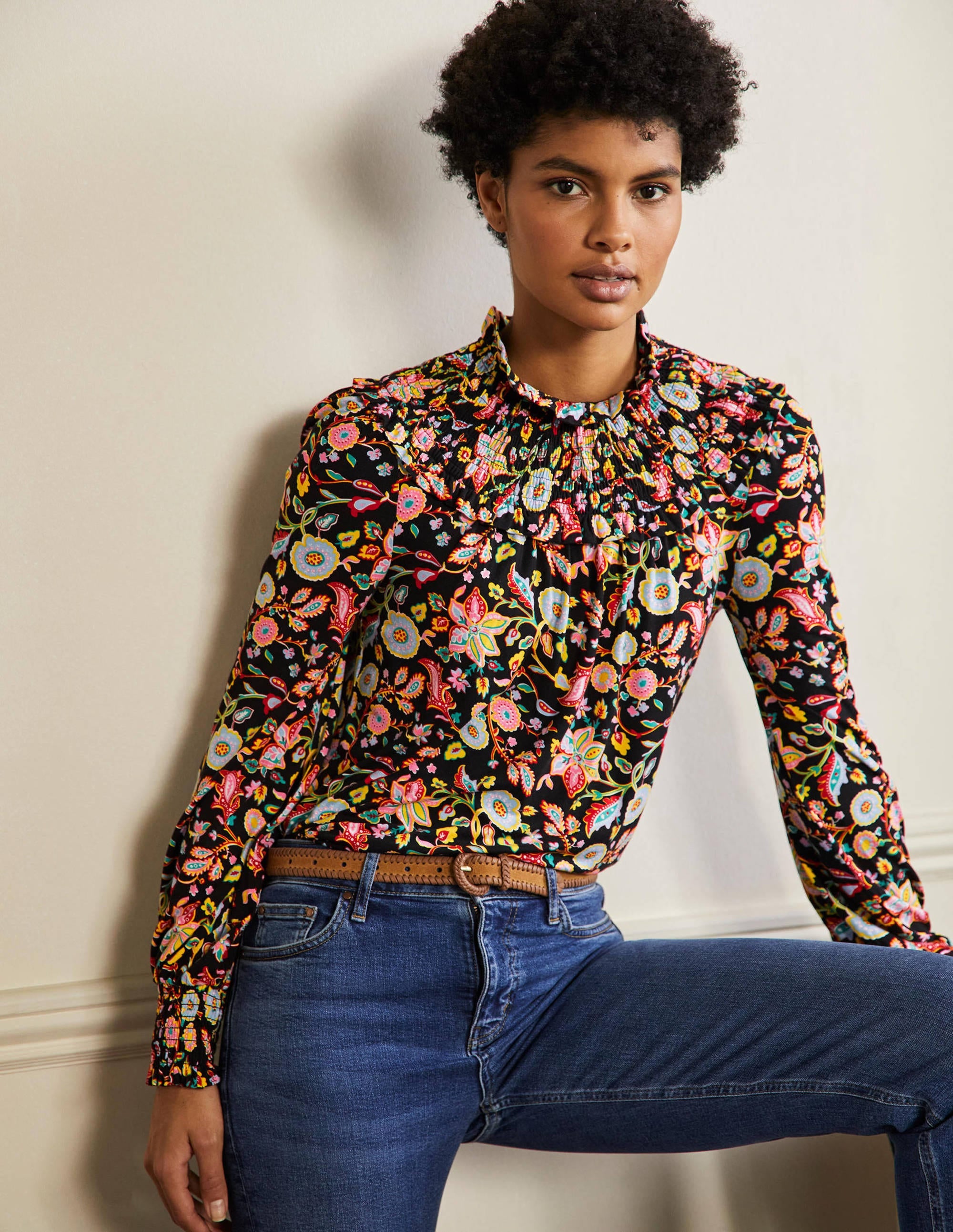 Smocked Neck Jersey Top-Black, Opulent Paradise - Image 1
