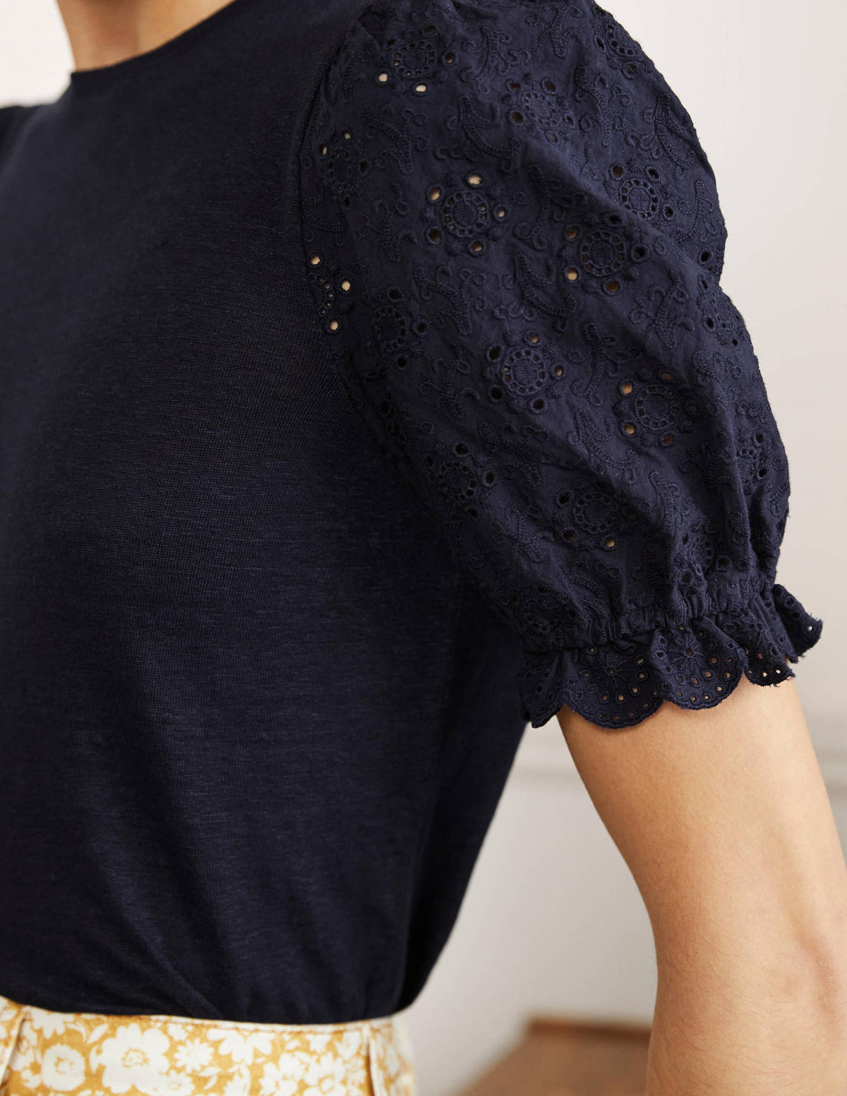 Broderie Sleeve Linen T-Shirt-Navy-2