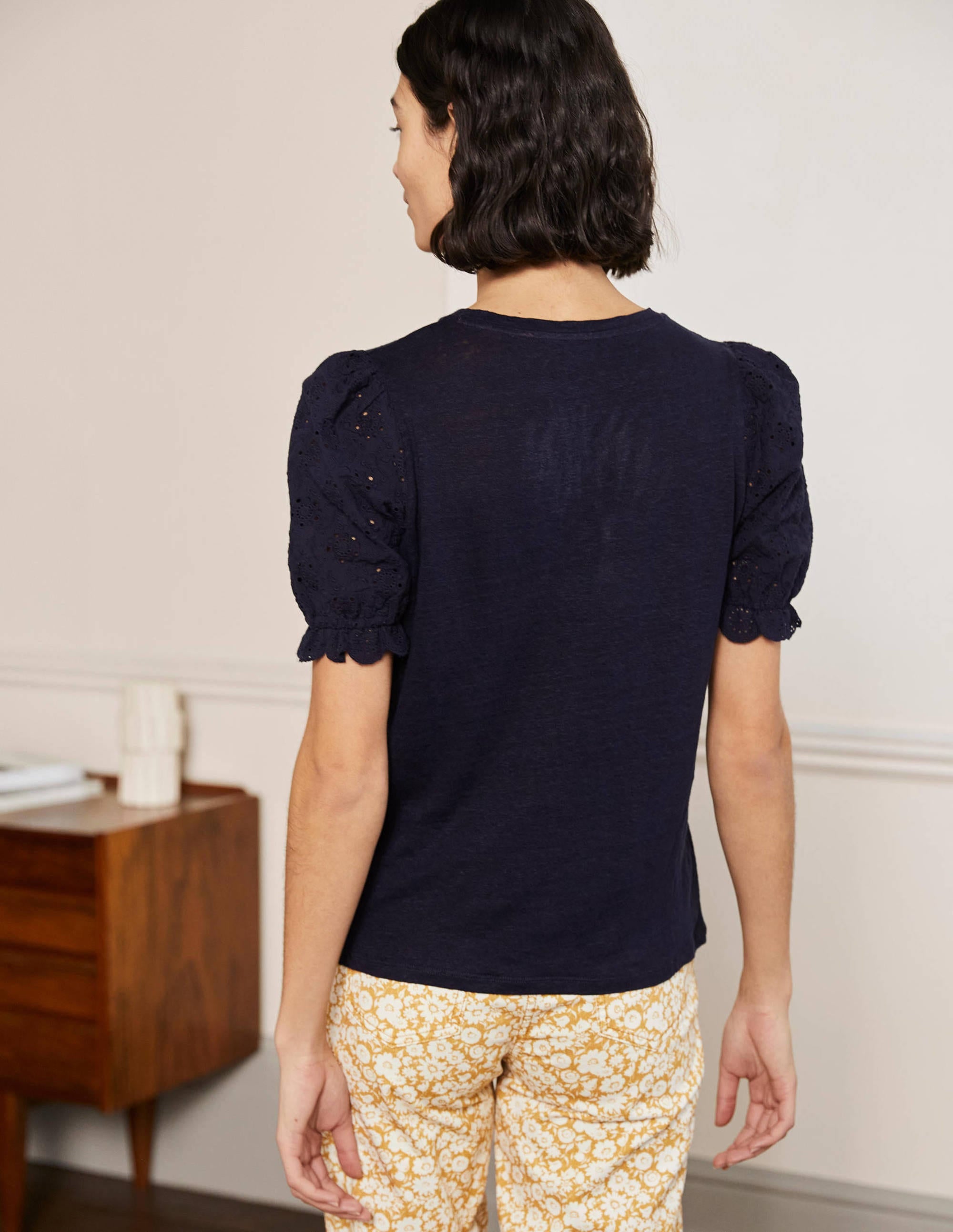 Broderie Sleeve Linen T-Shirt-Navy - Image 3