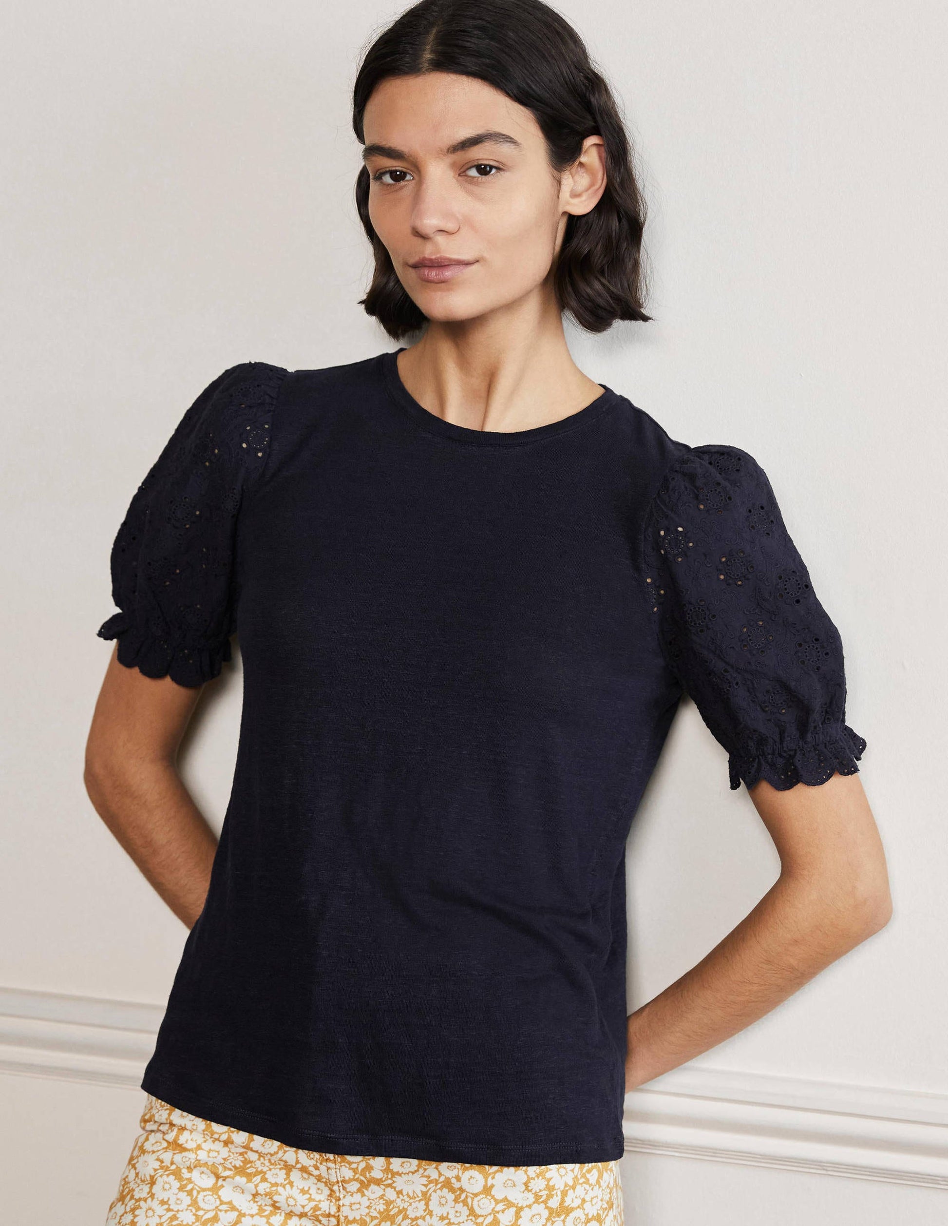 Broderie Sleeve Linen T-Shirt-Navy-4