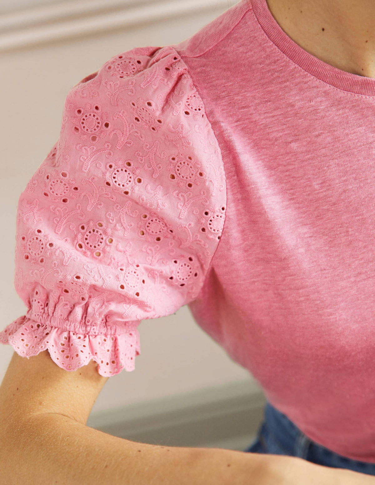Broderie Sleeve Linen T-Shirt-Posy Pink - Image 2