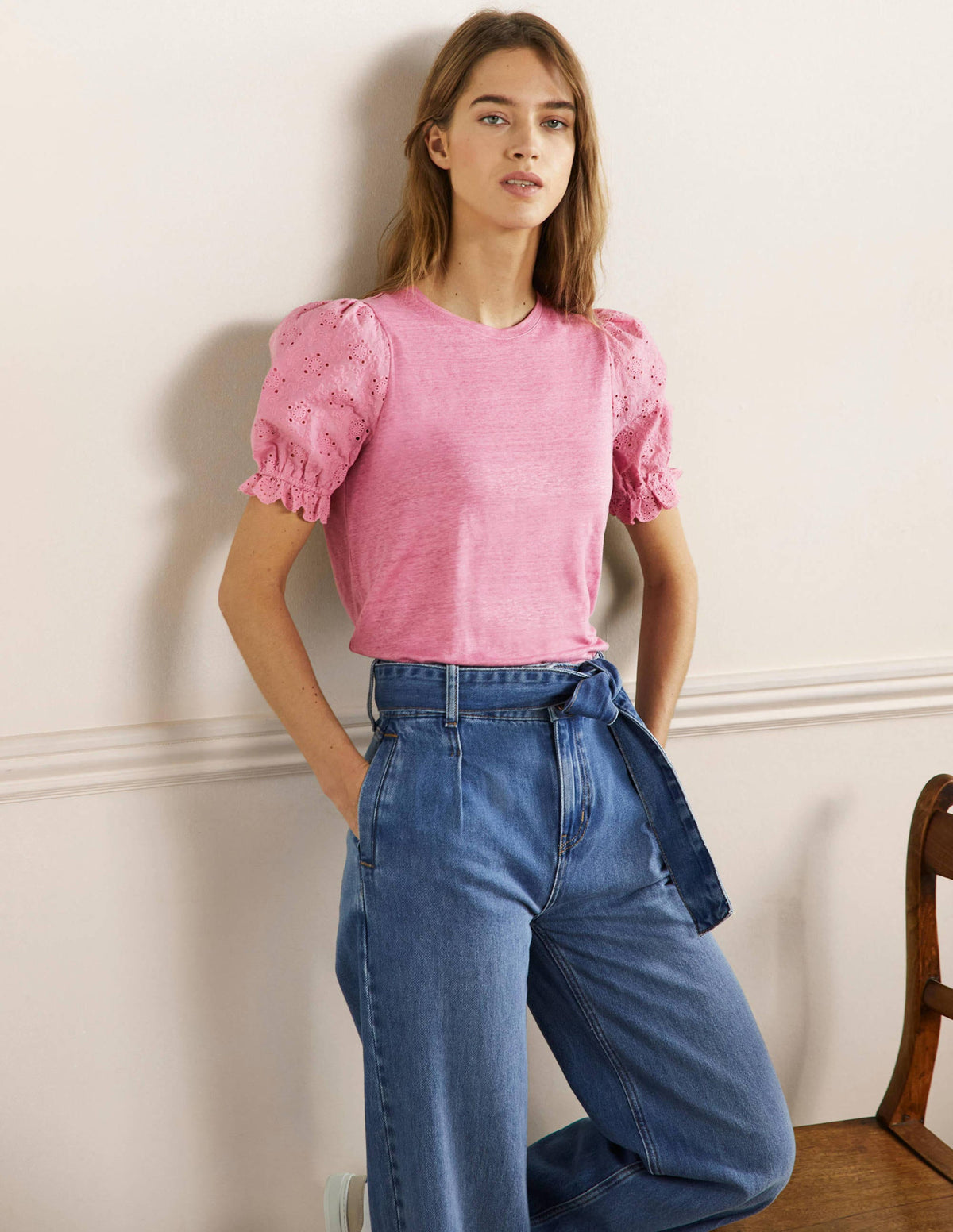 Broderie Sleeve Linen T-Shirt-Posy Pink-4