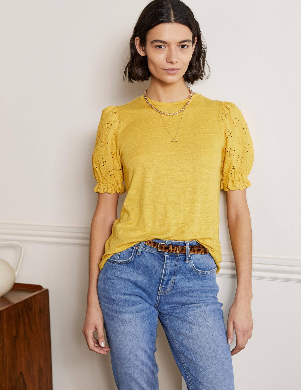 Broderie Sleeve Linen T-Shirt-Butter-1