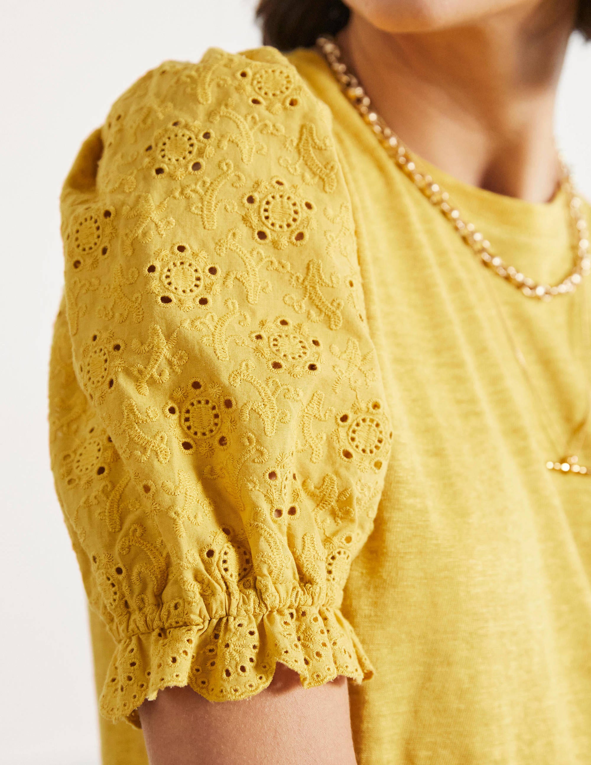 Broderie Sleeve Linen T-Shirt-Butter - Image 2
