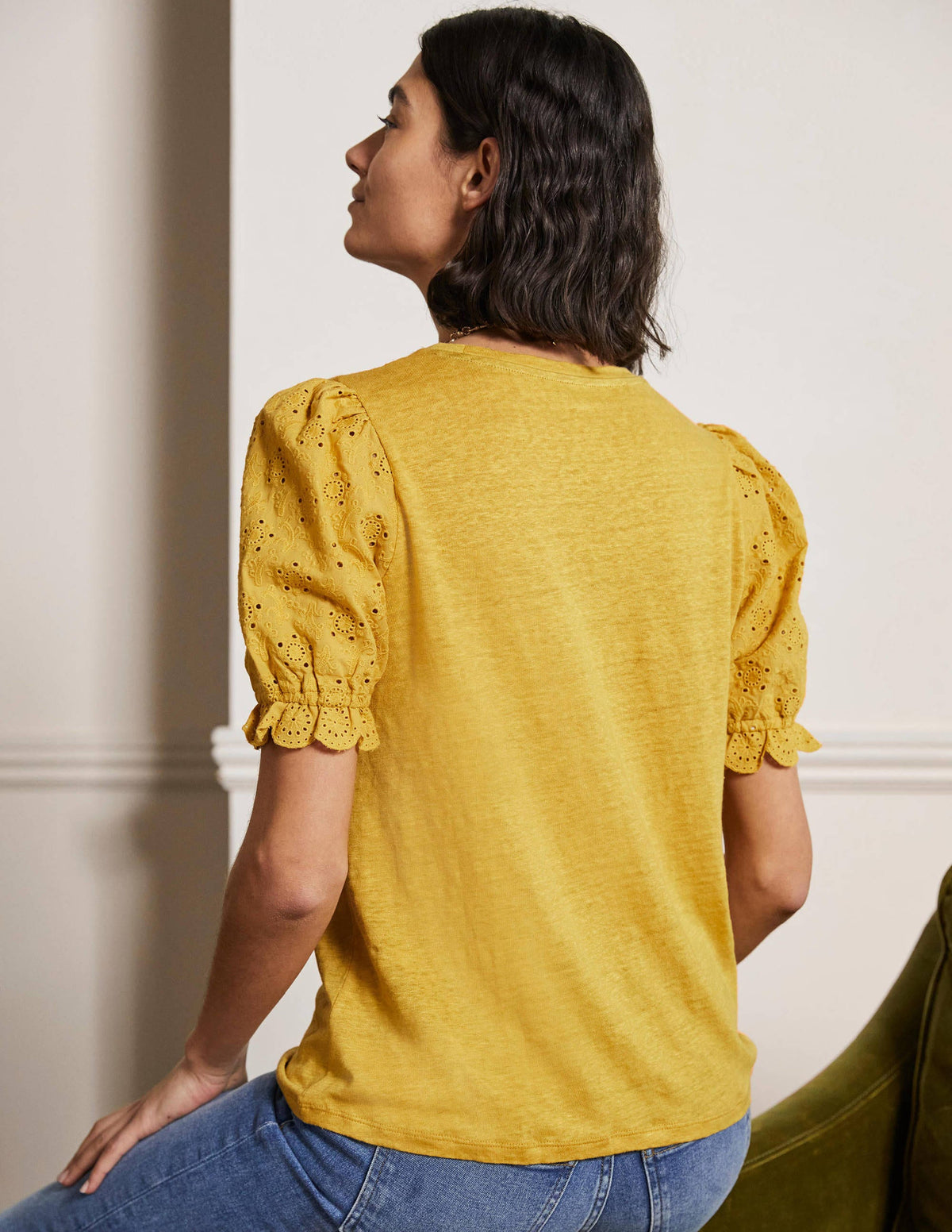Broderie Sleeve Linen T-Shirt-Butter - Image 3
