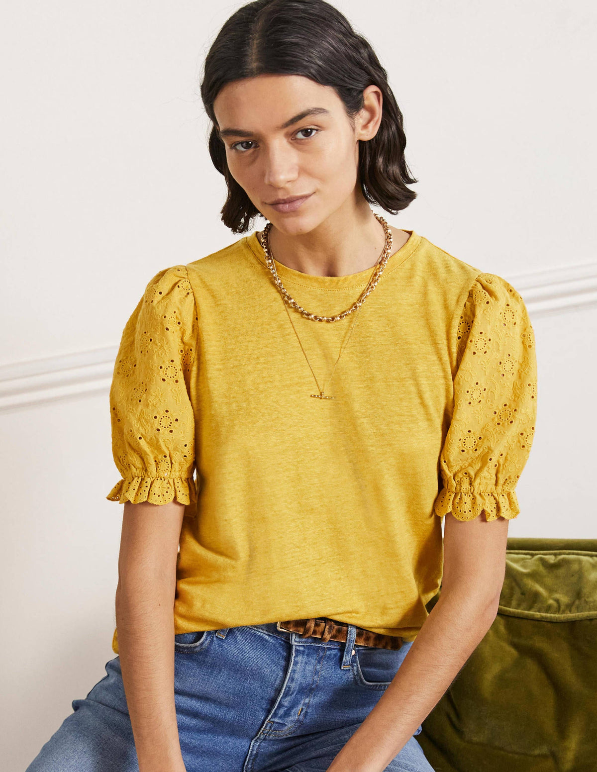 Broderie Sleeve Linen T-Shirt-Butter-4