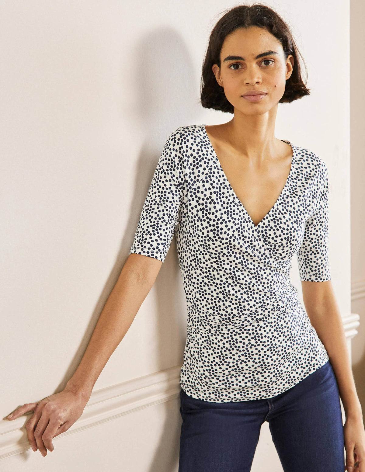 Short Sleeve Wrap Top-Ivory, Scatter Spot-1