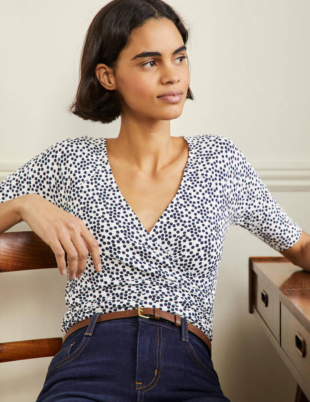 Short Sleeve Wrap Top-Ivory, Scatter Spot-4