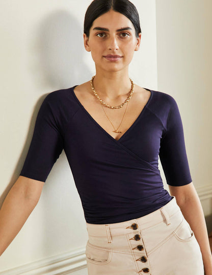Short Sleeve Wrap Top-Navy-1