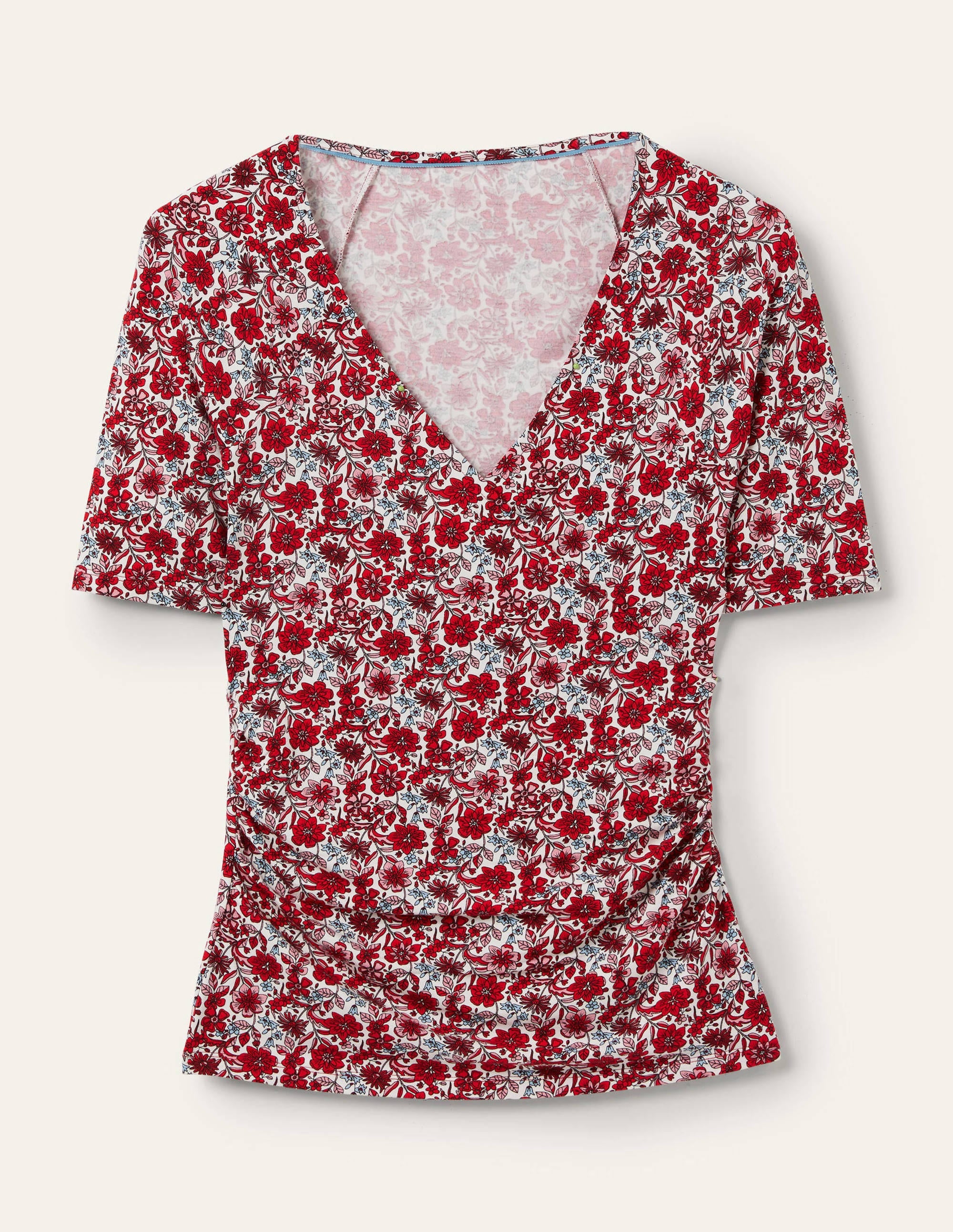 Short Sleeve Wrap Top-Red / Dusty Blue, Floret Bloom - Image 5