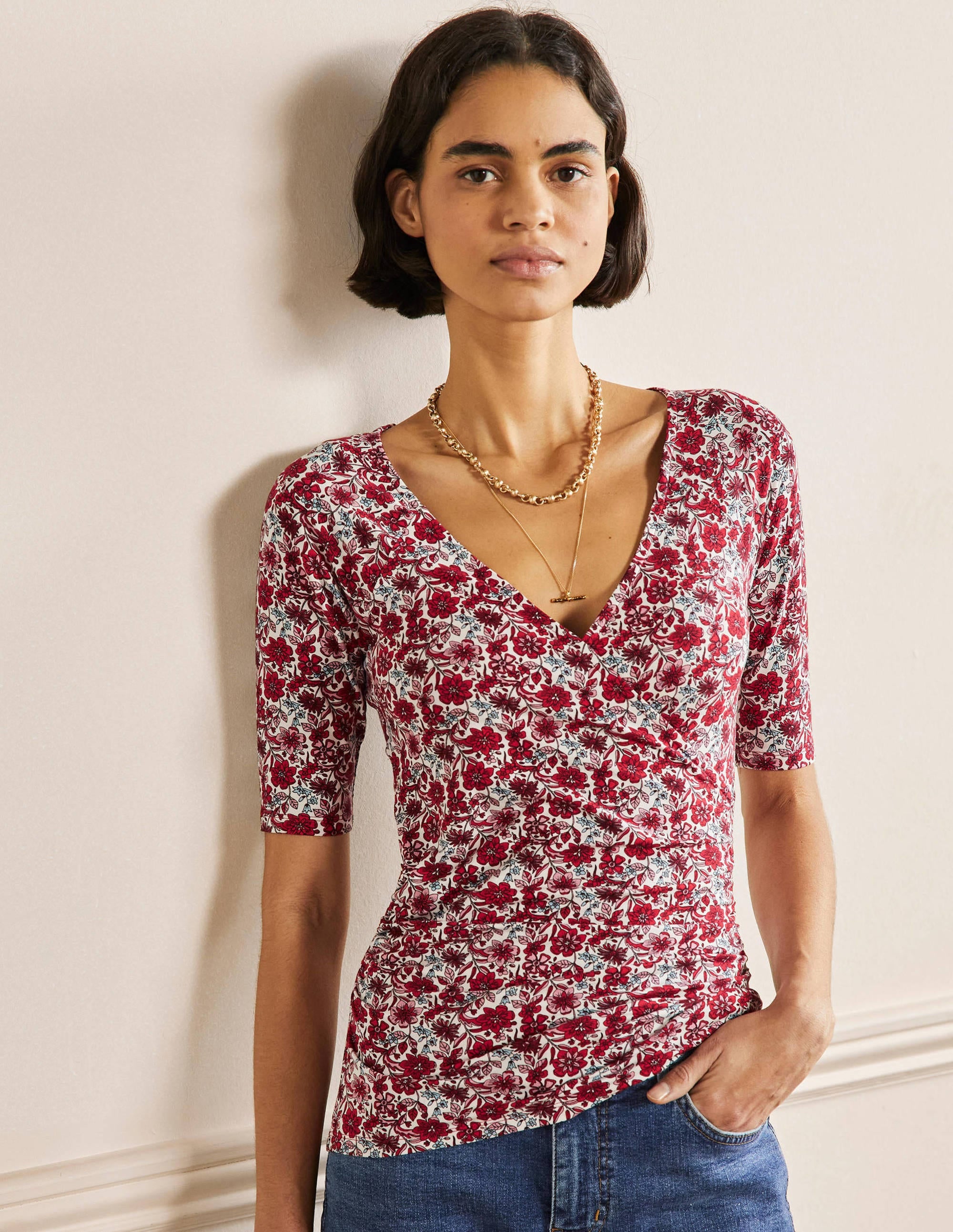 Short Sleeve Wrap Top-Red / Dusty Blue, Floret Bloom - Image 1