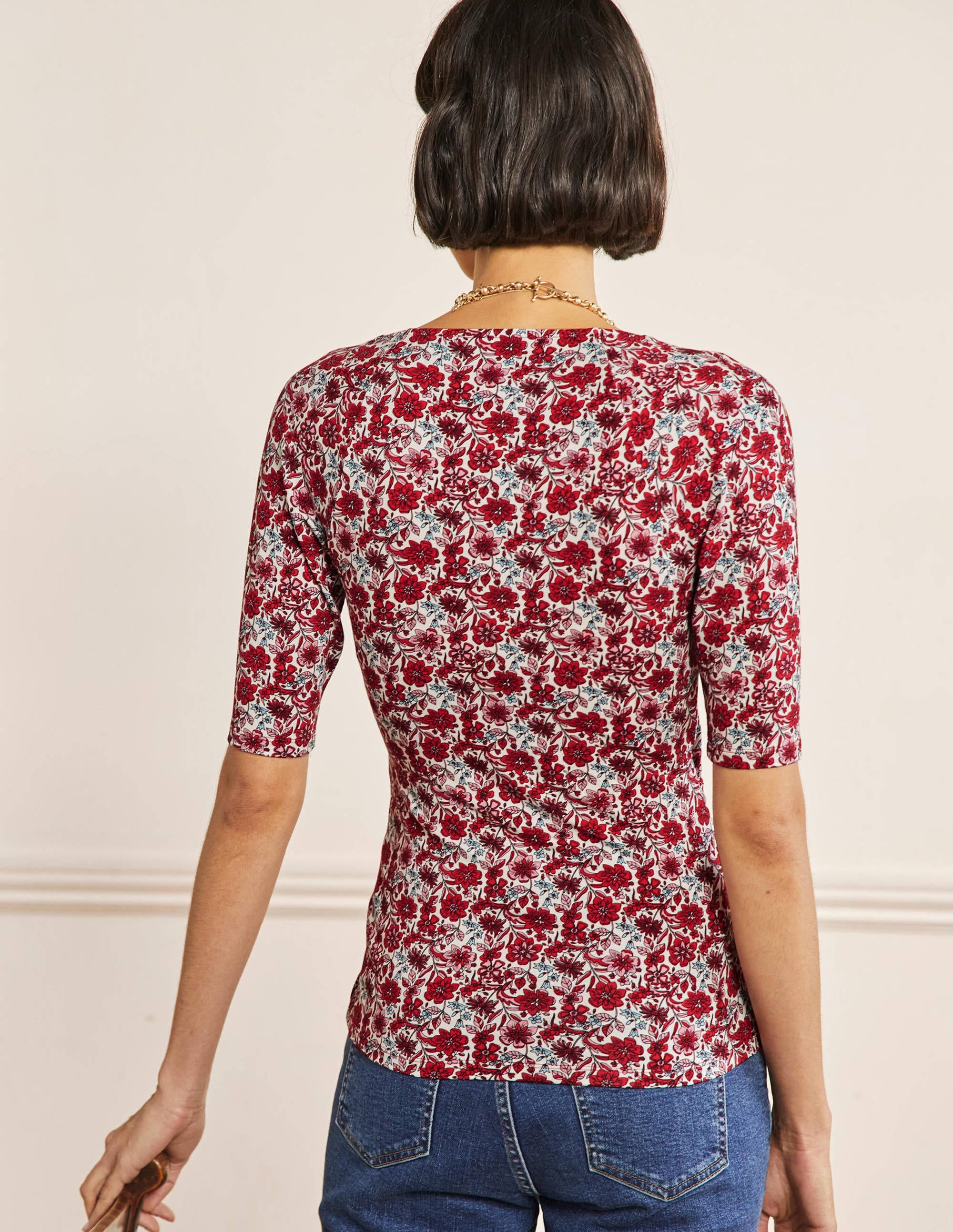 Short Sleeve Wrap Top-Red / Dusty Blue, Floret Bloom - Image 3