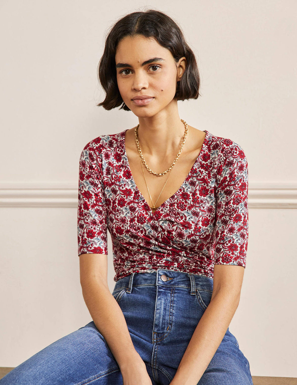 Short Sleeve Wrap Top-Red / Dusty Blue, Floret Bloom - Image 4