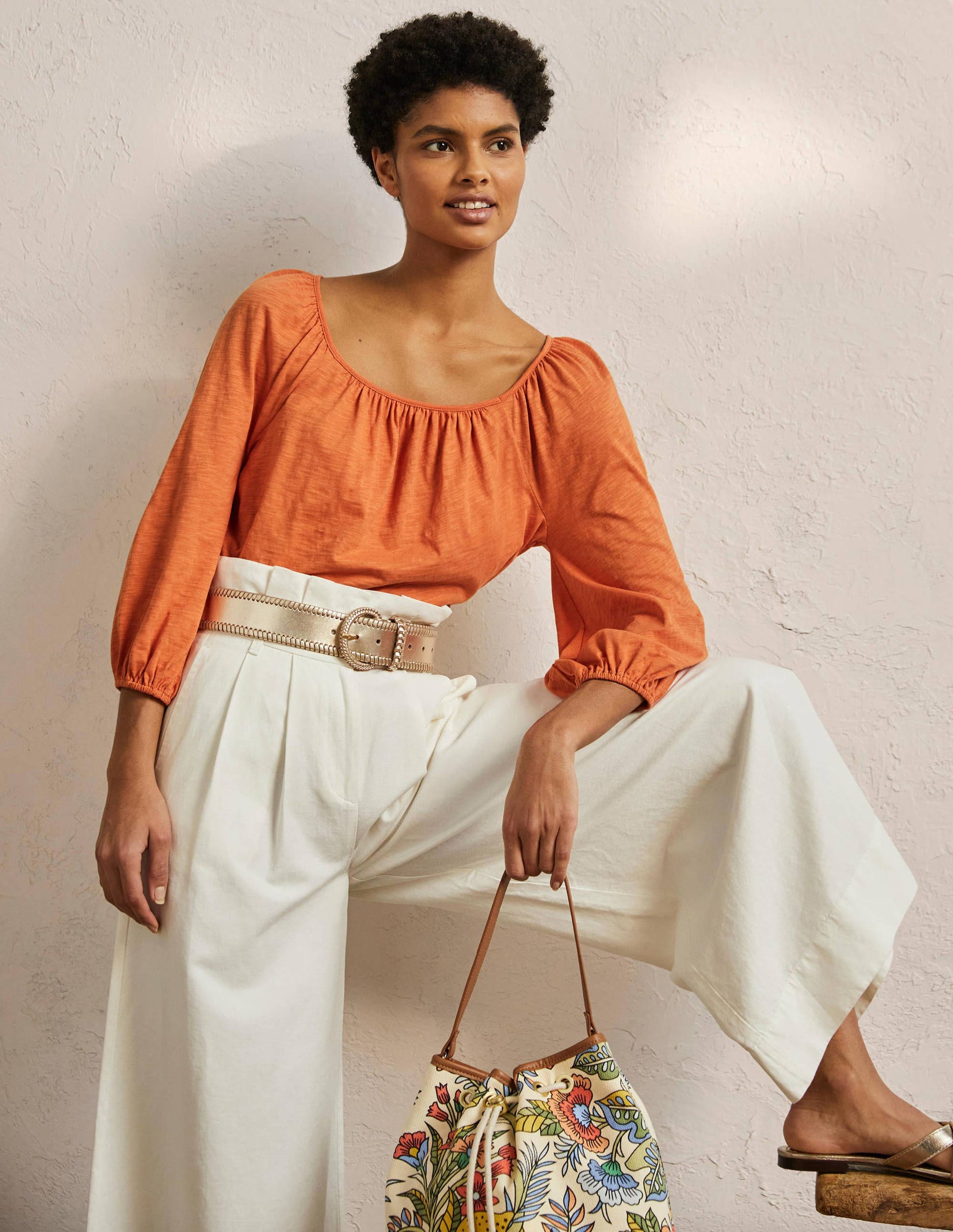Blouson Sleeve Cotton Top-Dusty Orange-1