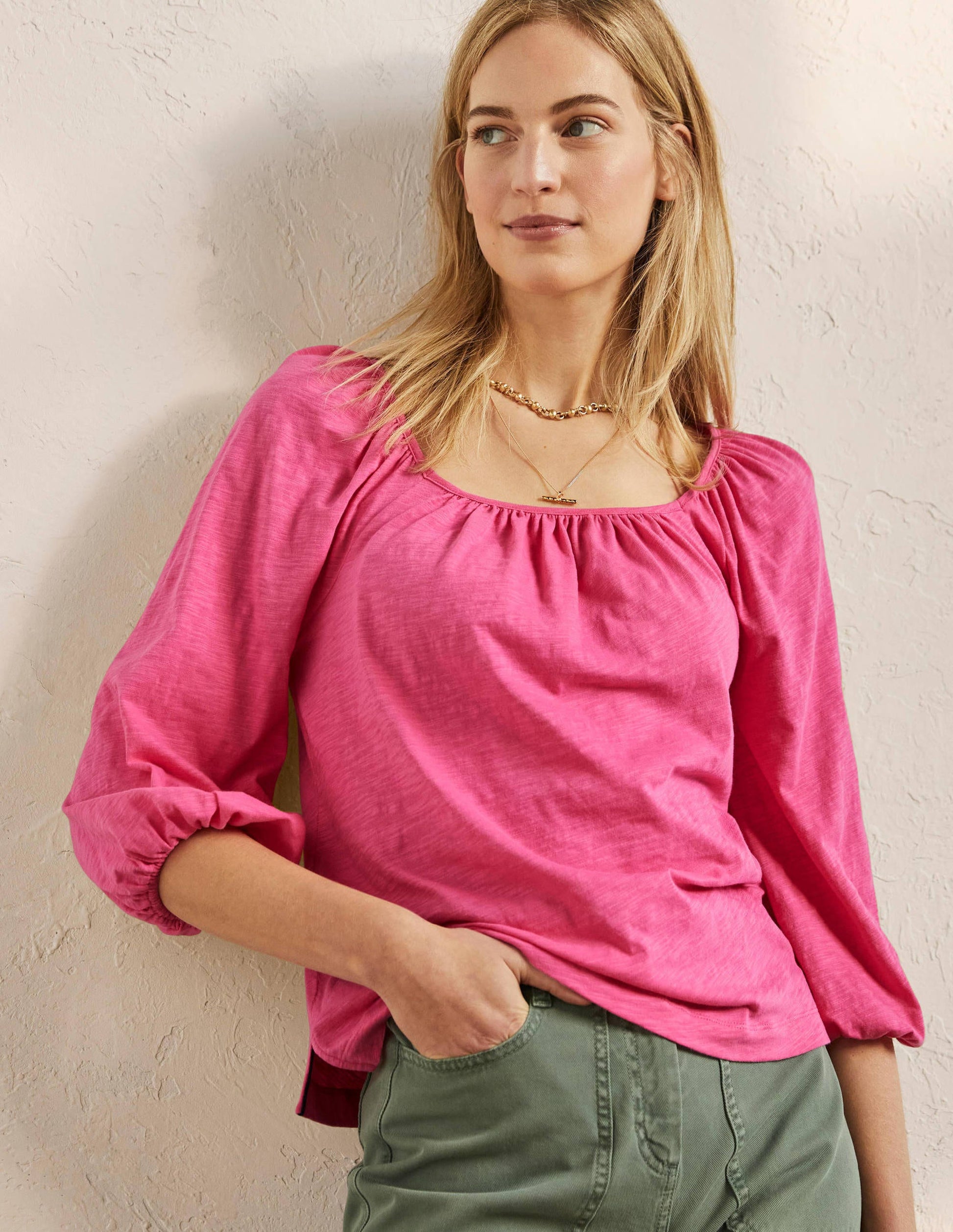 Blouson Sleeve Cotton Top-Festival Pink-4