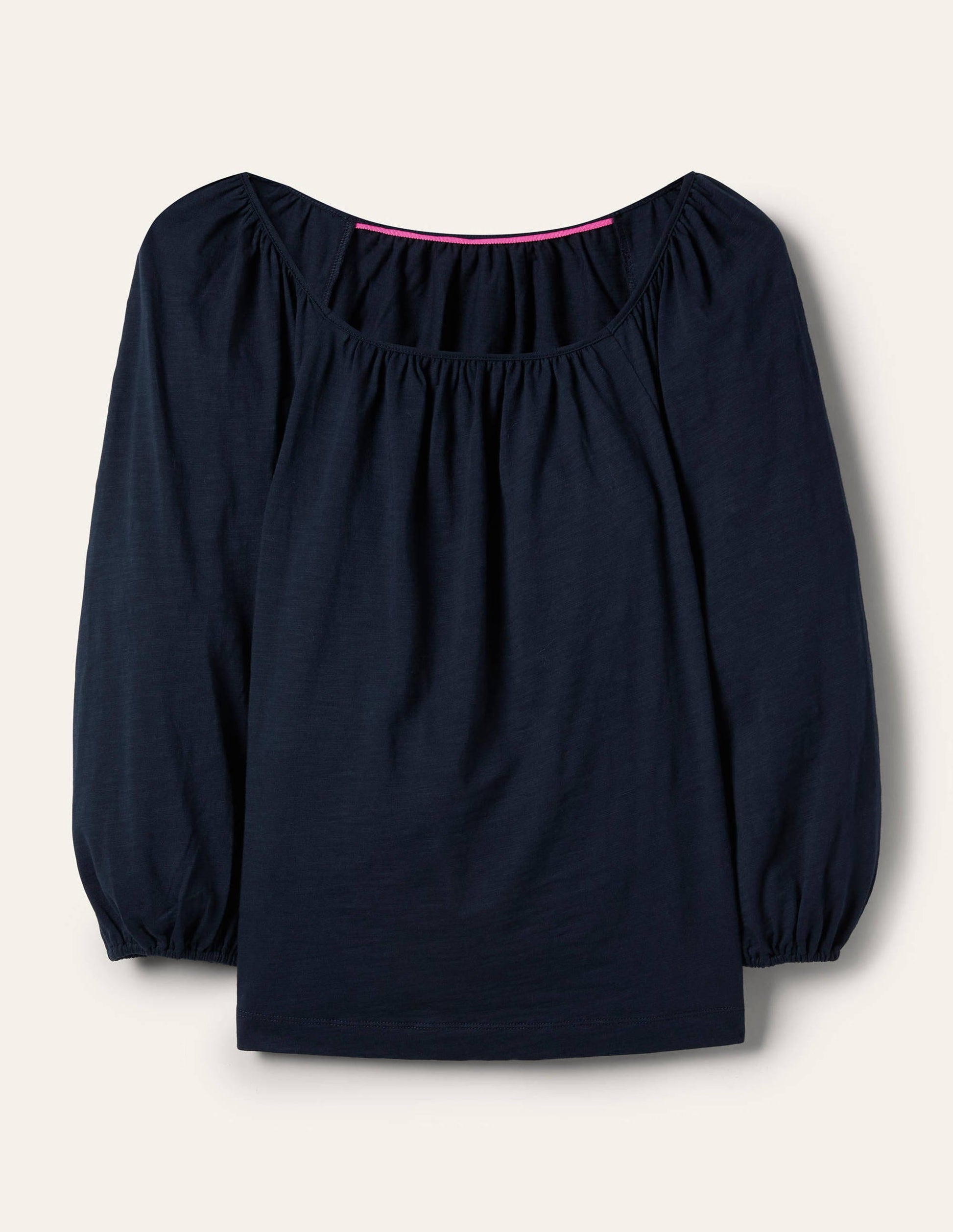 Blouson Sleeve Cotton Top-Navy-5