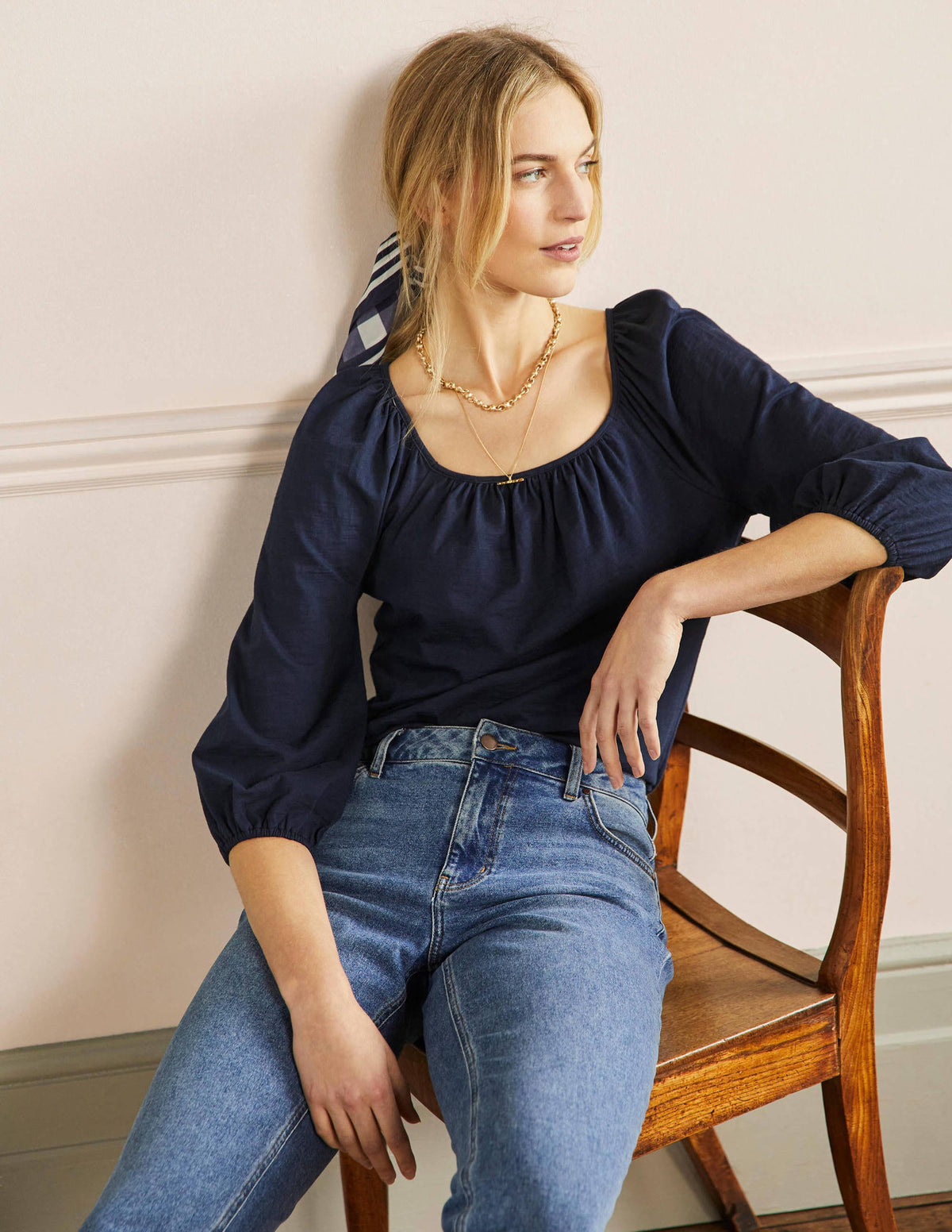 Blouson Sleeve Cotton Top-Navy - Image 4