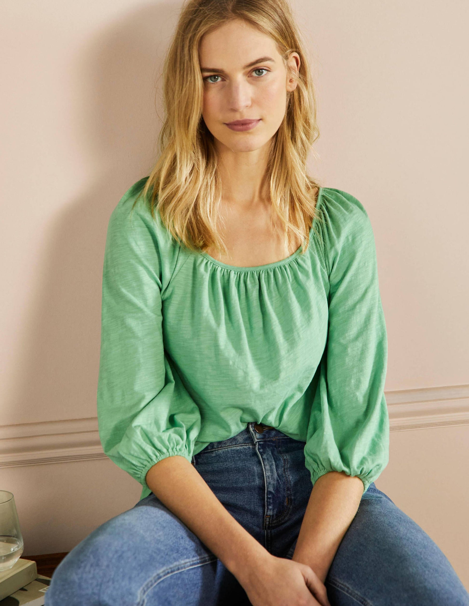 Blouson Sleeve Cotton Top-Zephyr Green-1