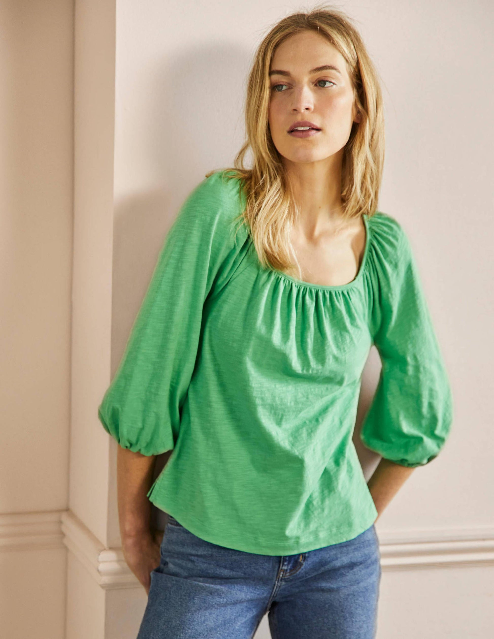 Blouson Sleeve Cotton Top-Zephyr Green-4