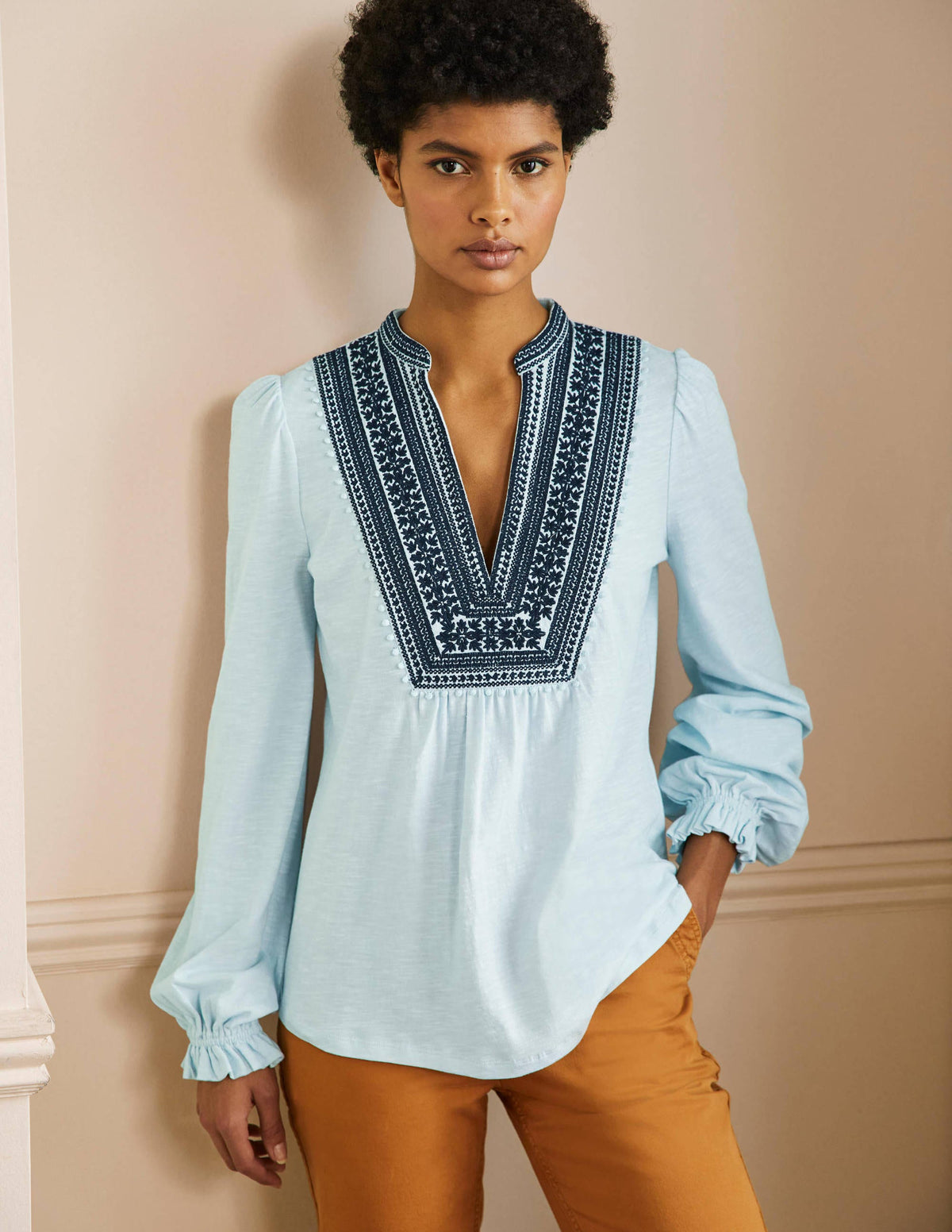 Embroidered Notch Neck Top-Dawn Sky, Embroidered-4