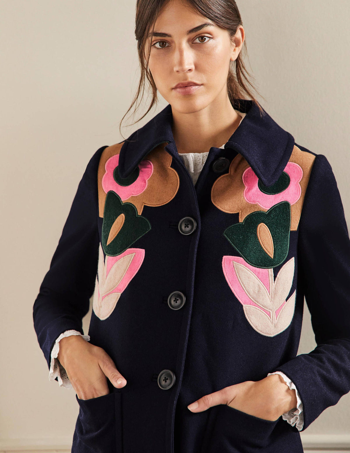 Amelia Appliqué Wool Coat-Navy - Image 4