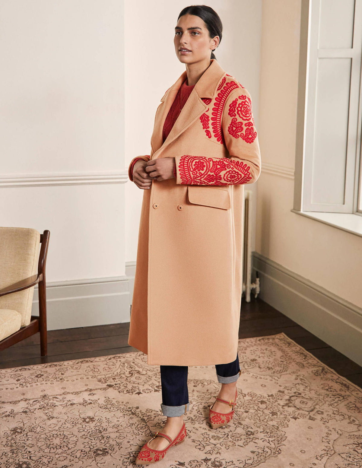 Cecily Embroidered Wool Coat-Oatmeal/Camel Marl-1