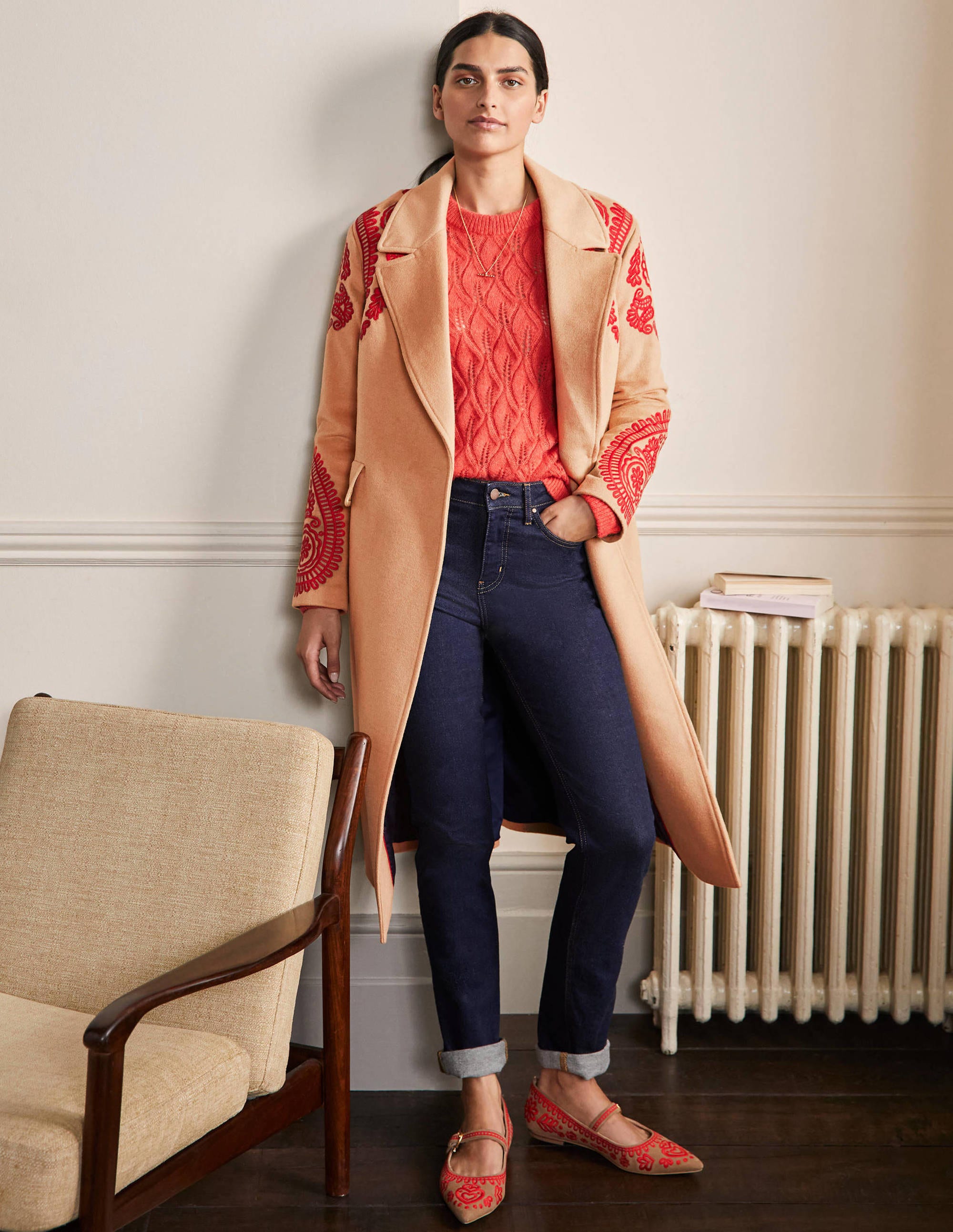 Cecily Embroidered Wool Coat-Oatmeal/Camel Marl - Image 4