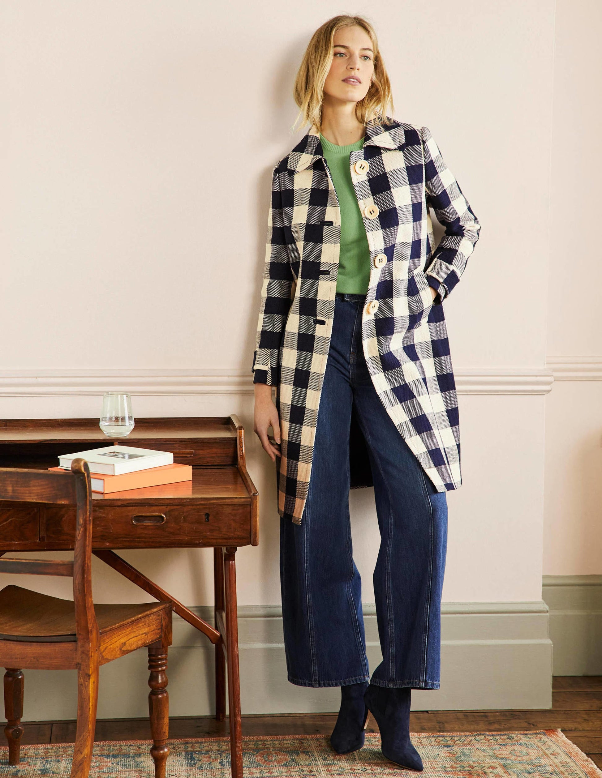 Bonnie Gingham Buttoned Coat-Ivory/Navy Gingham-1