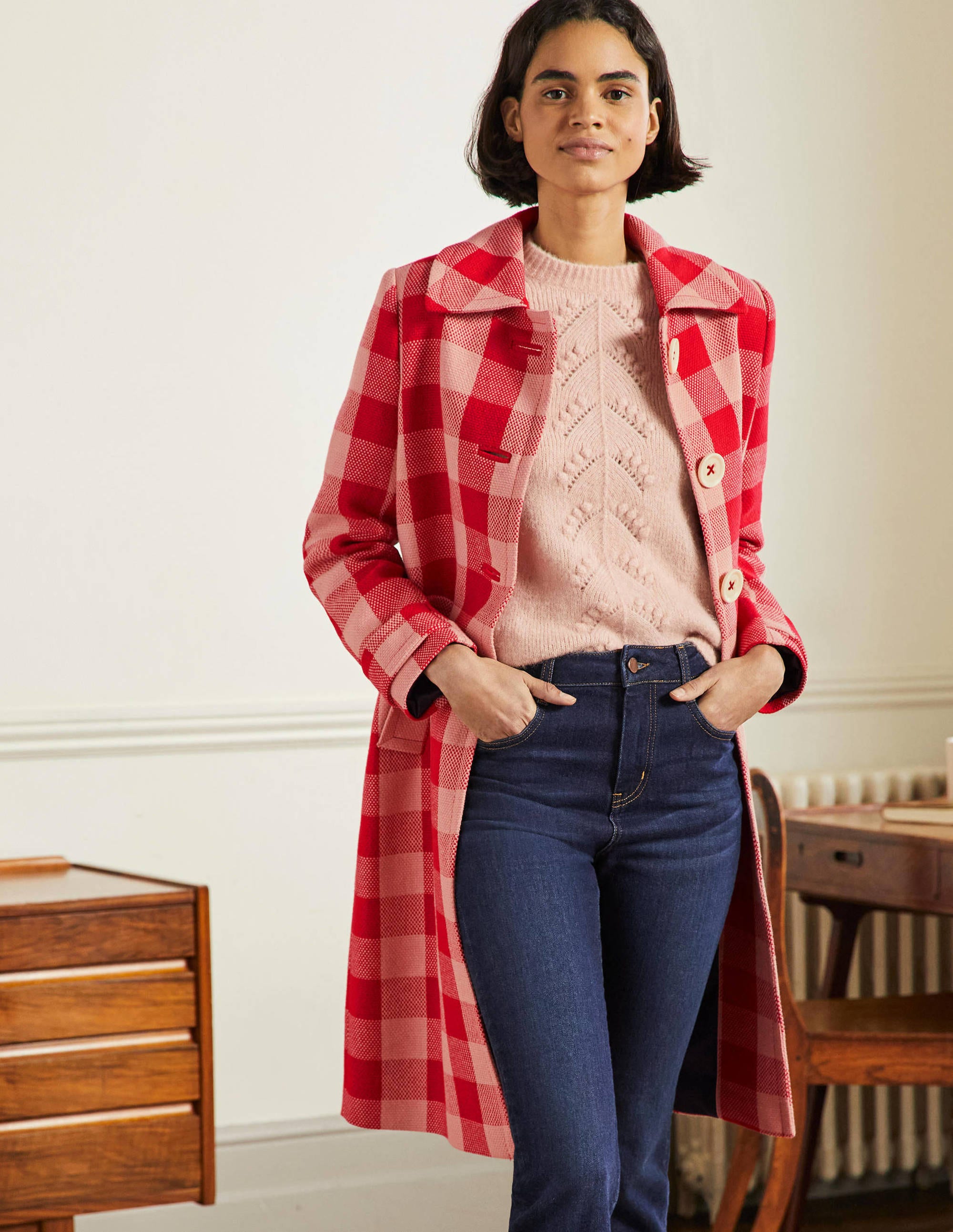 Bonnie Gingham Buttoned Coat-Pink/Red Gingham - Image 1