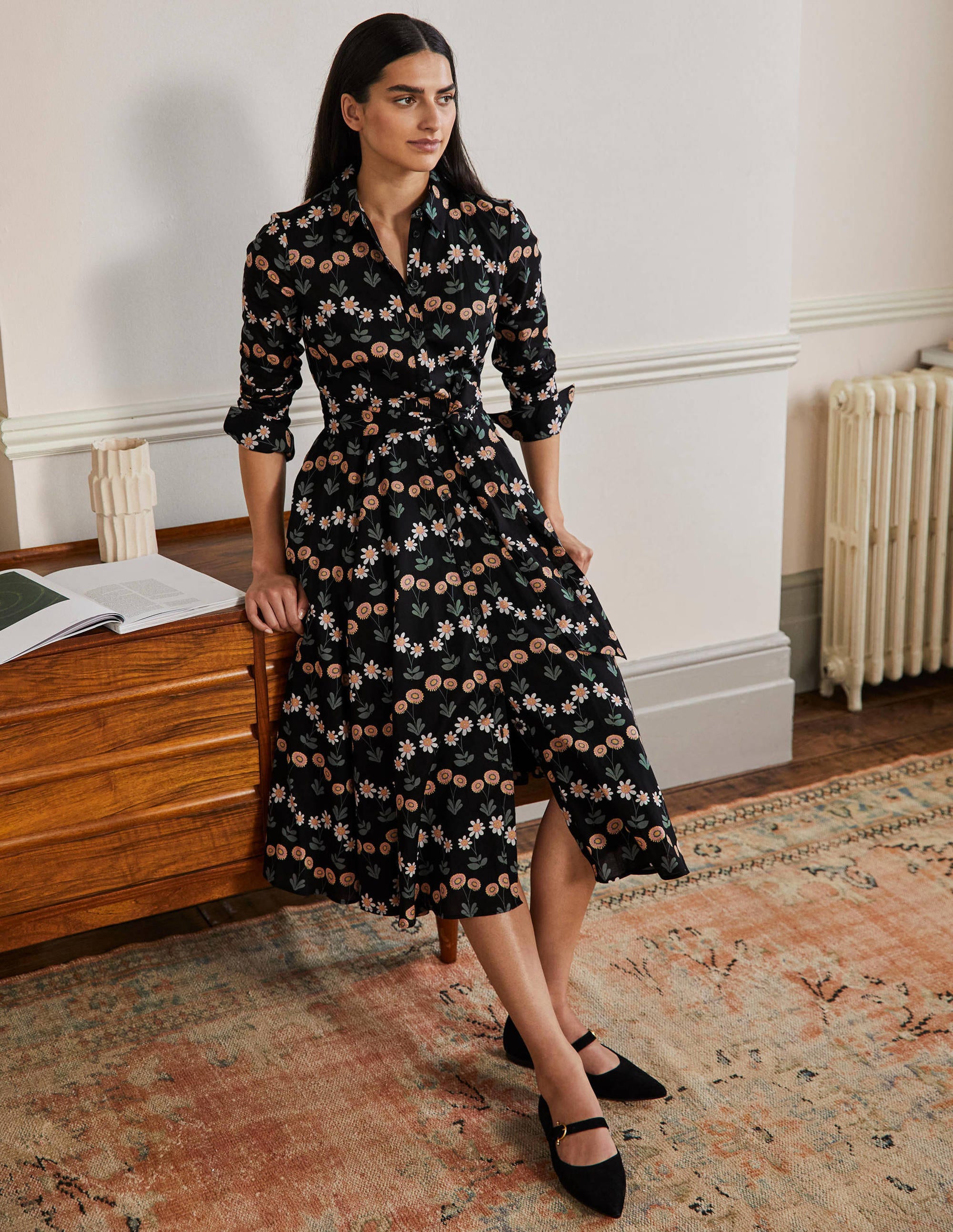 Kitty Midi Shirt Dress-Black, Delicate Daisy - Image 1