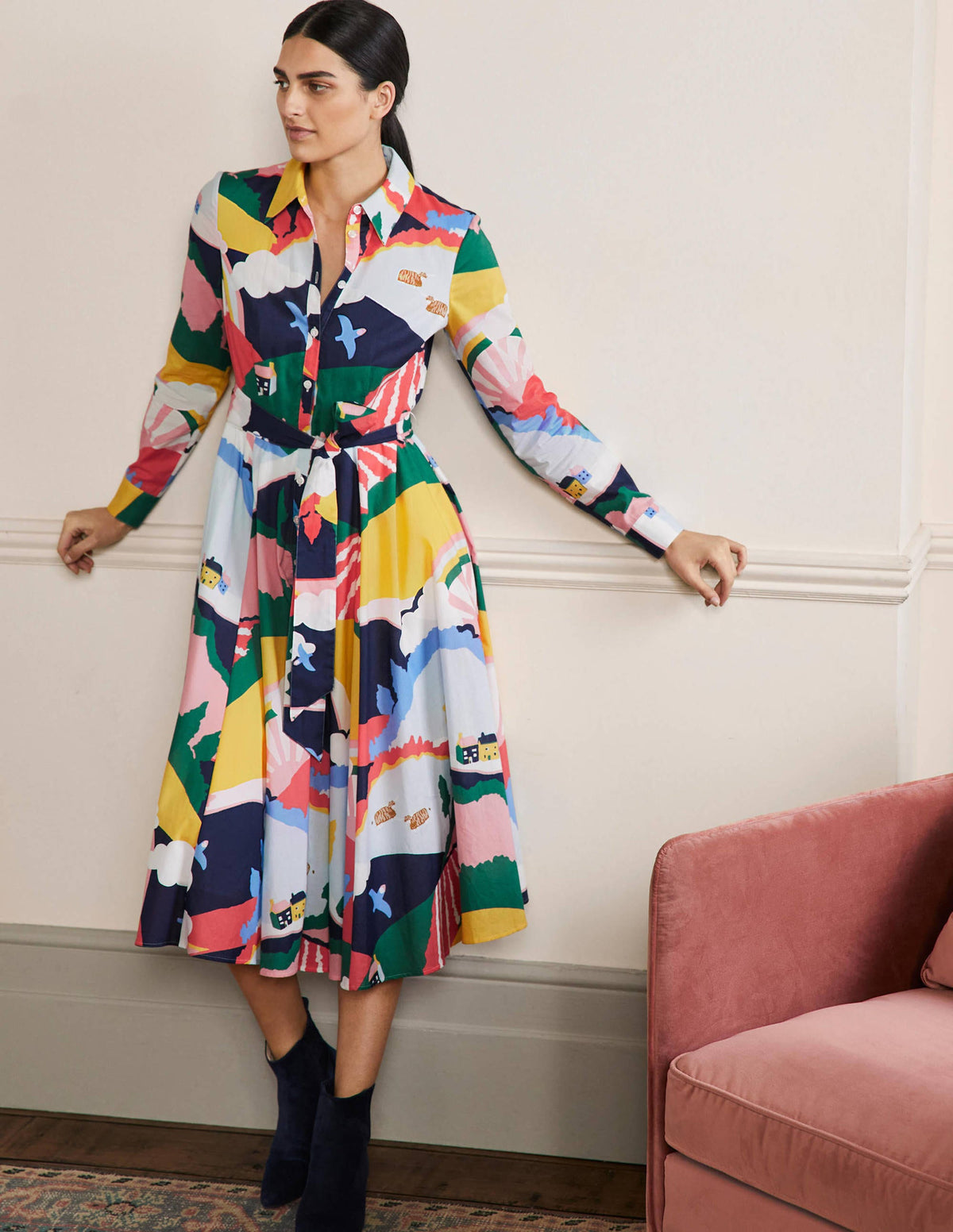 Kitty Midi Shirt Dress-French Navy, Scenic Meadow - Image 1